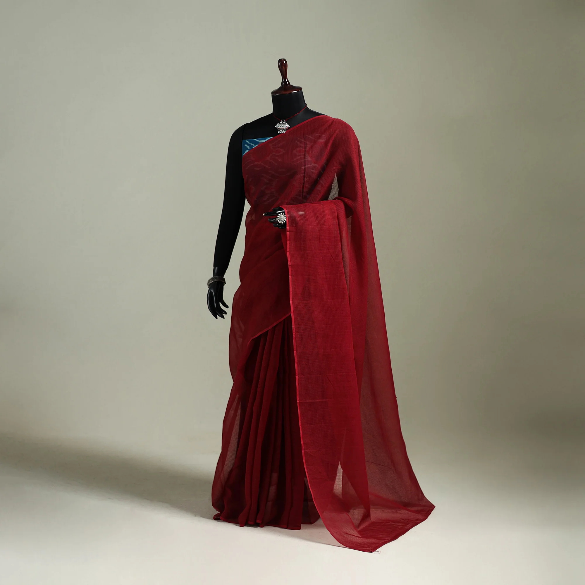 Red - Nazaakat Kota Doria Cotton Plain Saree with Blouse & Jewellery Set 164