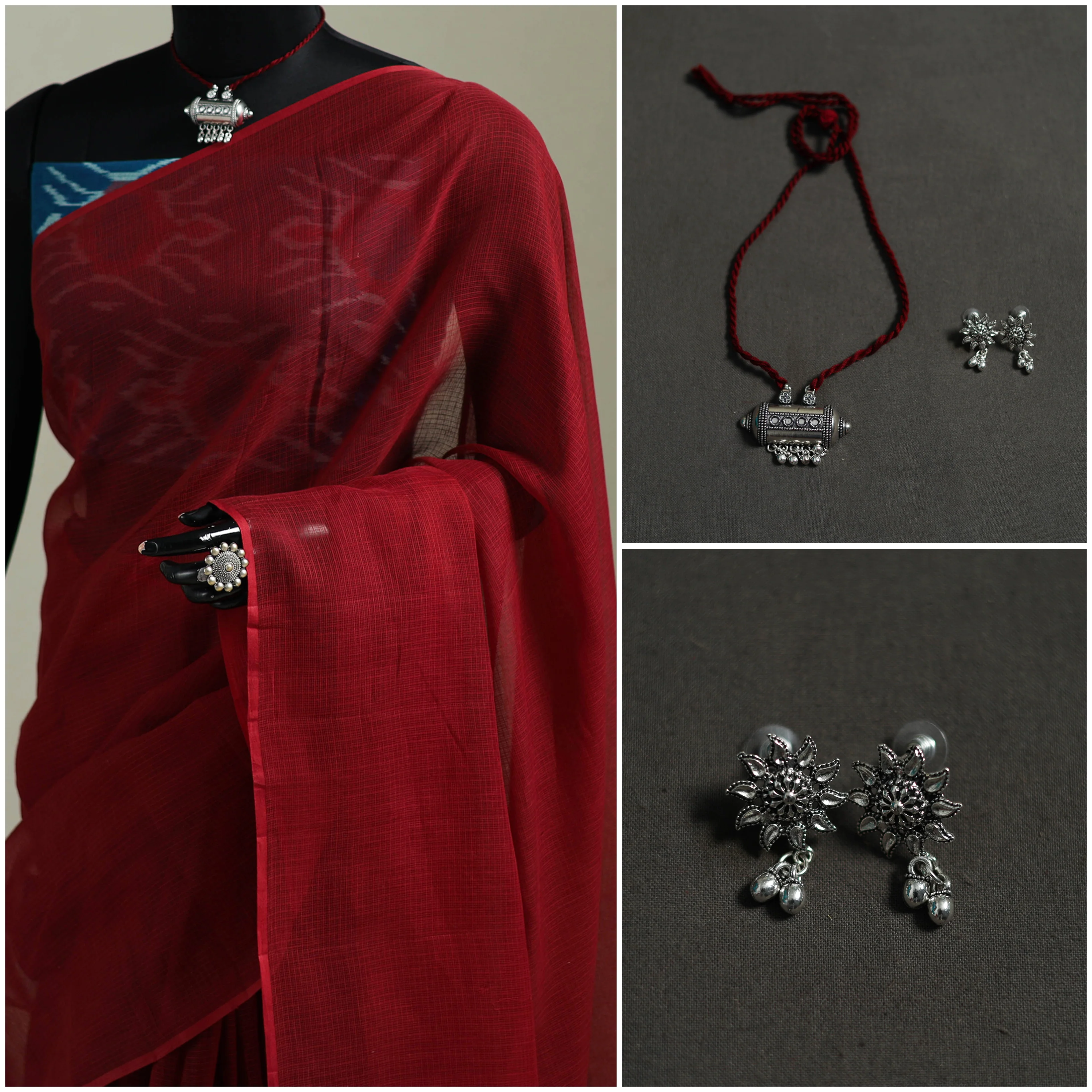 Red - Nazaakat Kota Doria Cotton Plain Saree with Blouse & Jewellery Set 164 - Image 3
