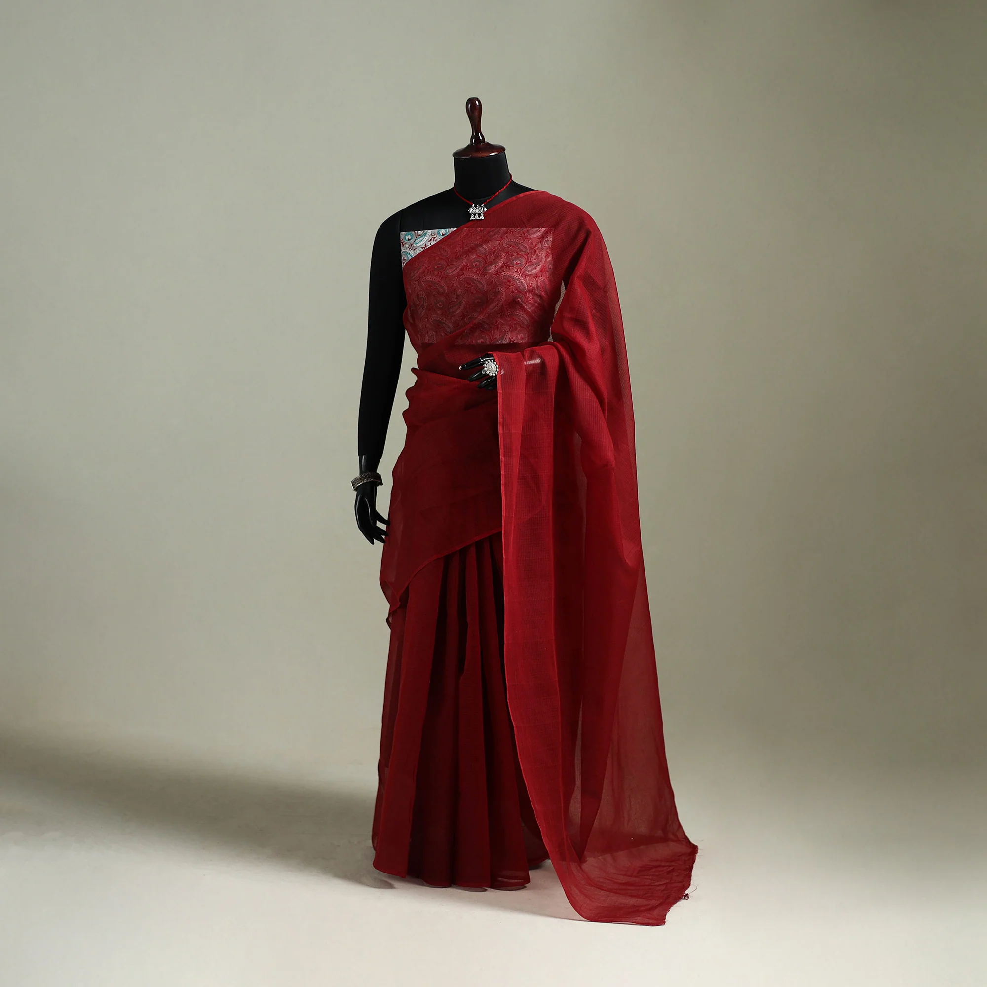 Red - Nazaakat Kota Doria Cotton Plain Saree with Blouse & Jewellery Set 166