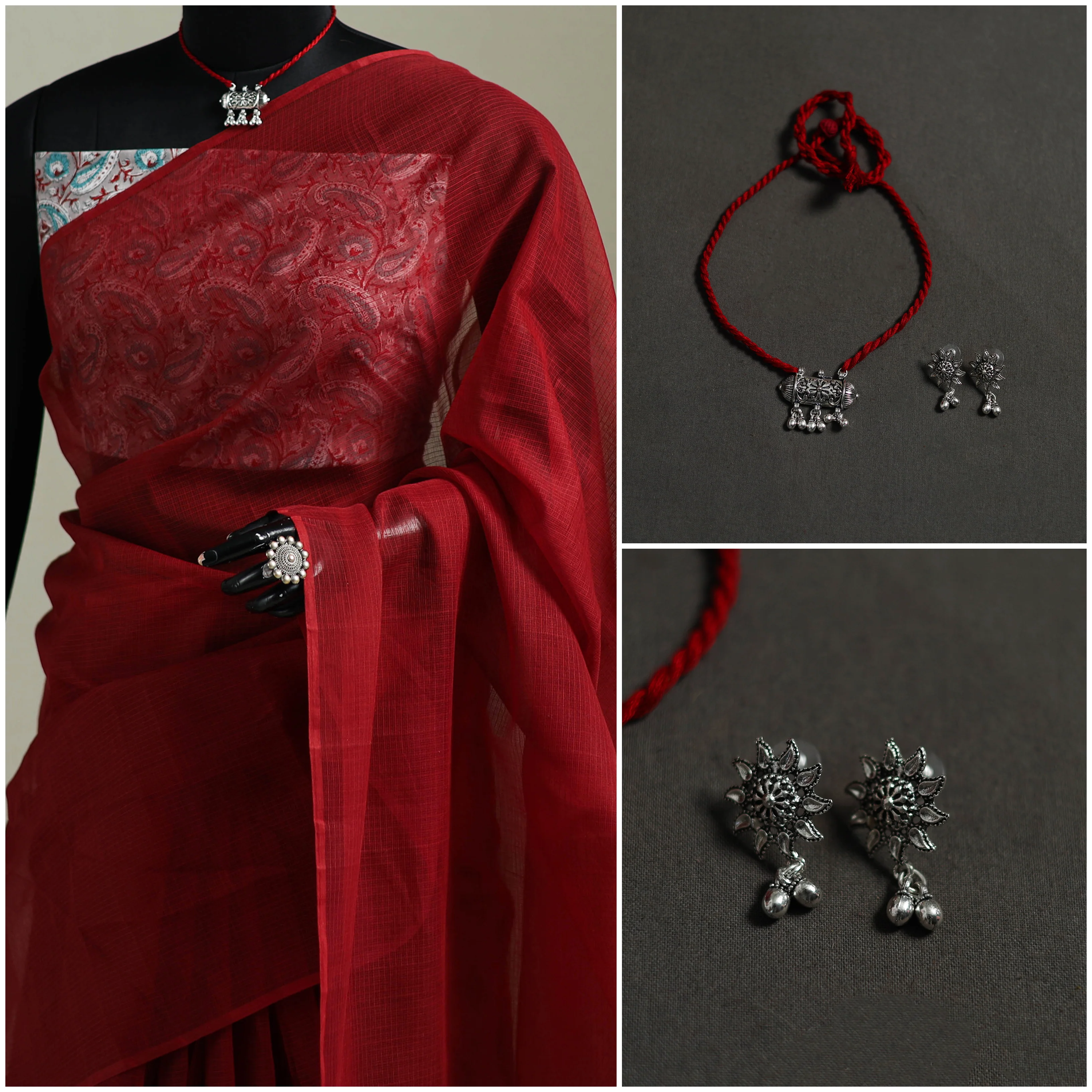 Red - Nazaakat Kota Doria Cotton Plain Saree with Blouse & Jewellery Set 166 - Image 3