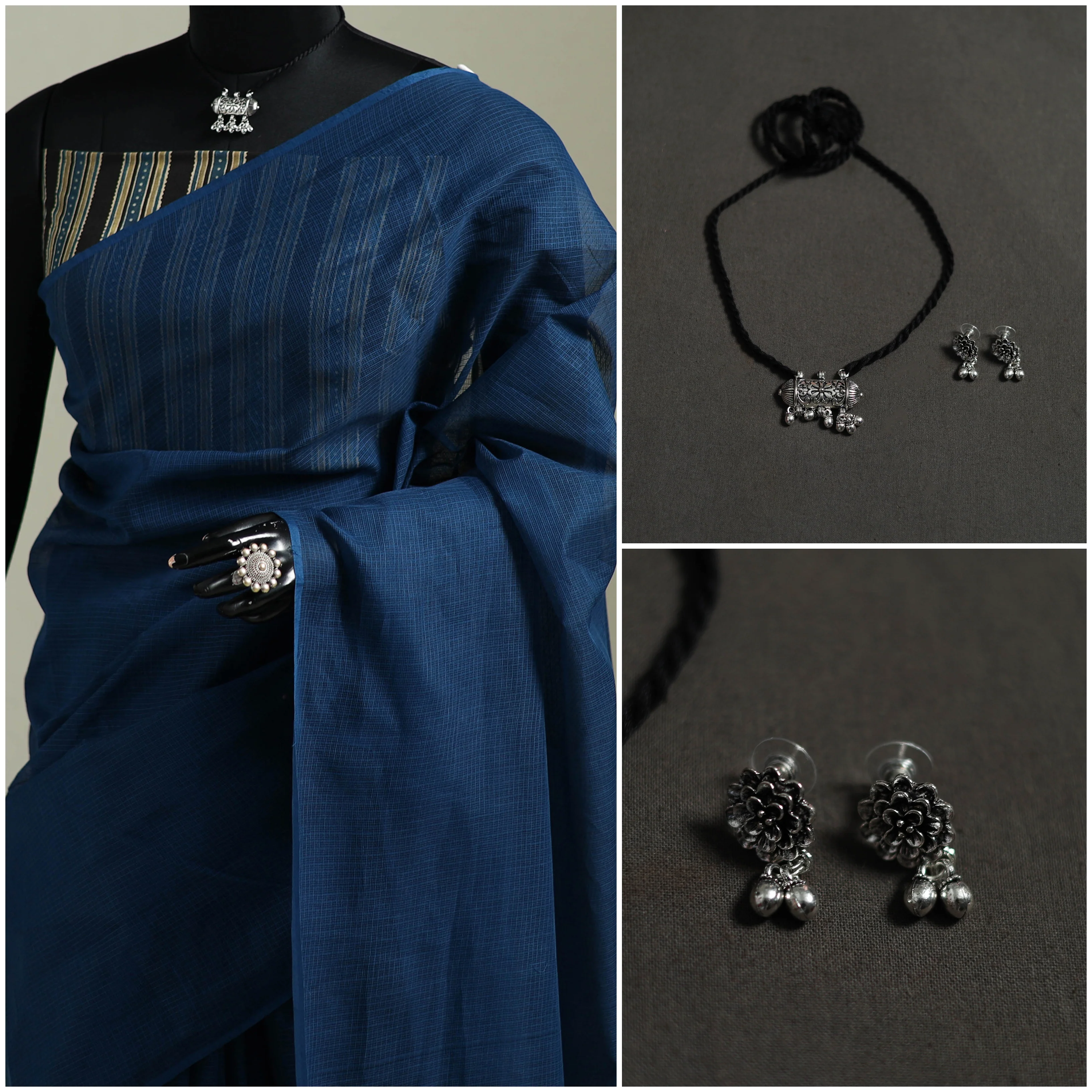Blue - Nazaakat Kota Doria Cotton Plain Saree with Blouse & Jewellery Set 167 - Image 3