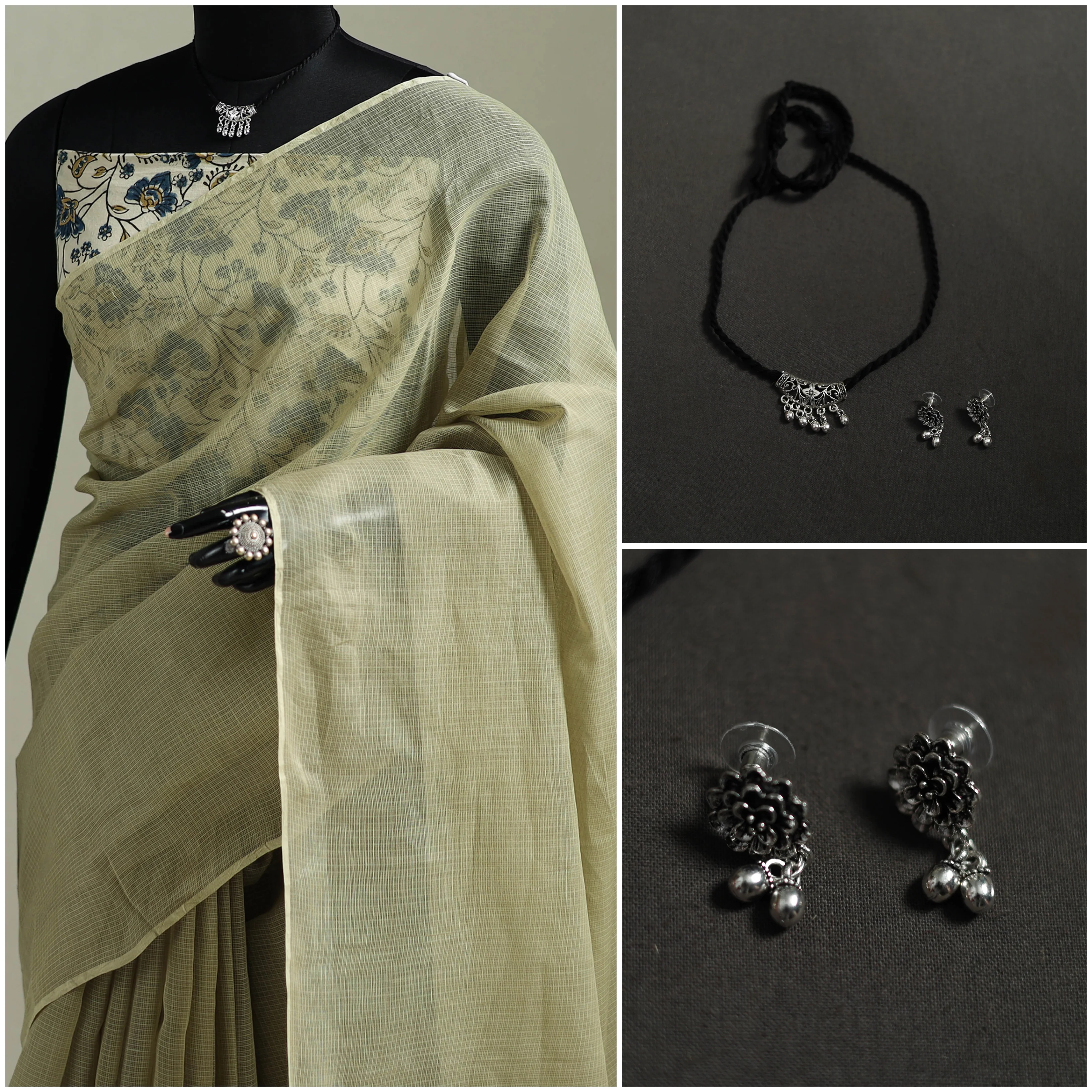 Green - Nazaakat Kota Doria Cotton Plain Saree with Blouse & Jewellery Set 168 - Image 3