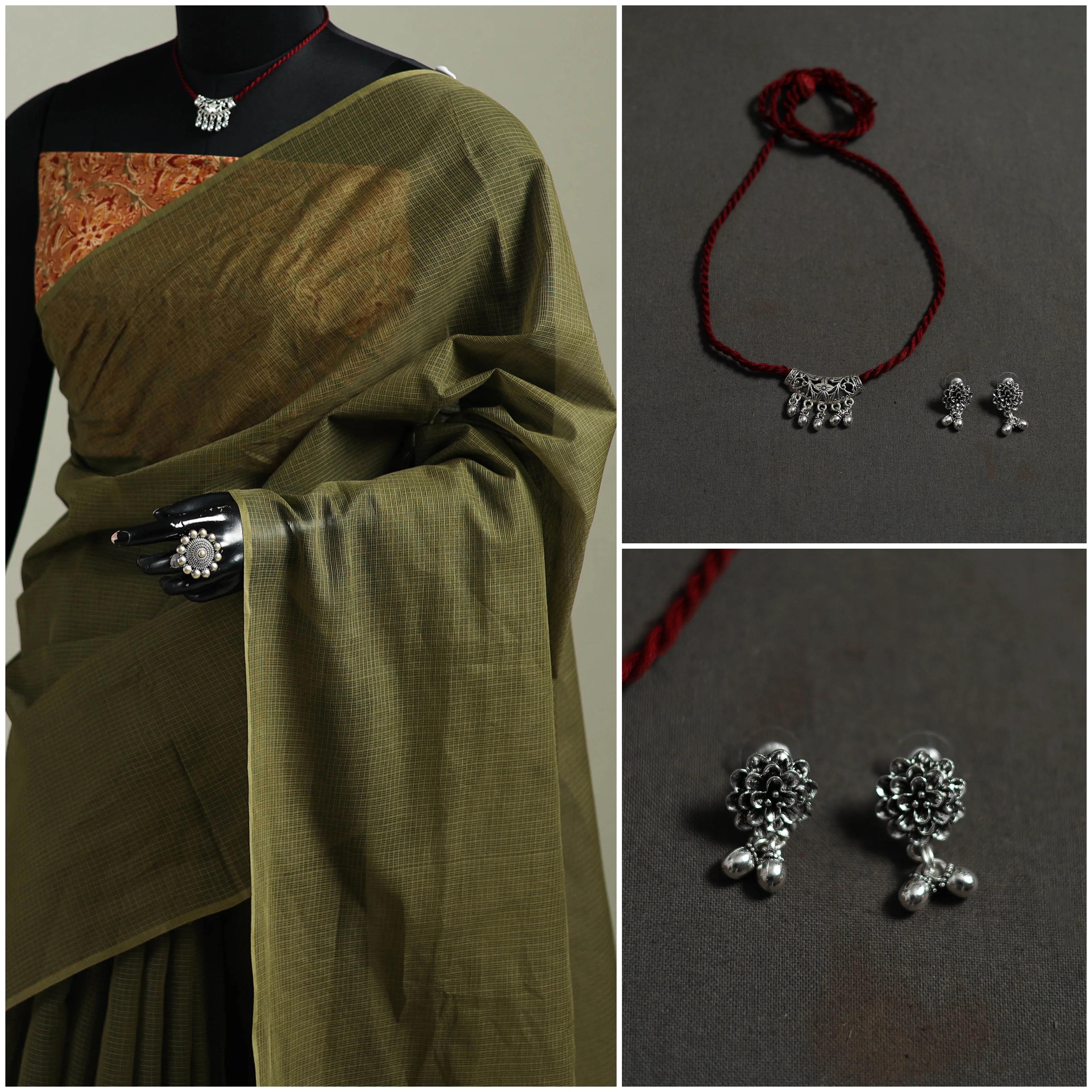 Green - Nazaakat Kota Doria Cotton Plain Saree with Blouse & Jewellery Set 170 - Image 3