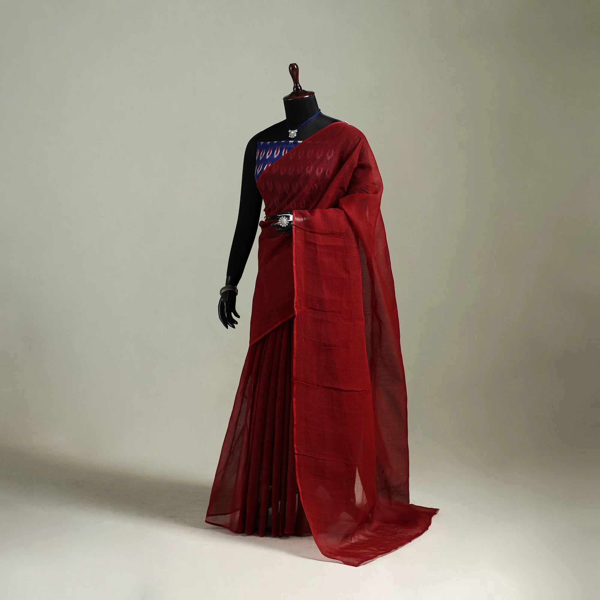Red - Nazaakat Kota Doria Cotton Plain Saree with Blouse & Jewellery Set 171