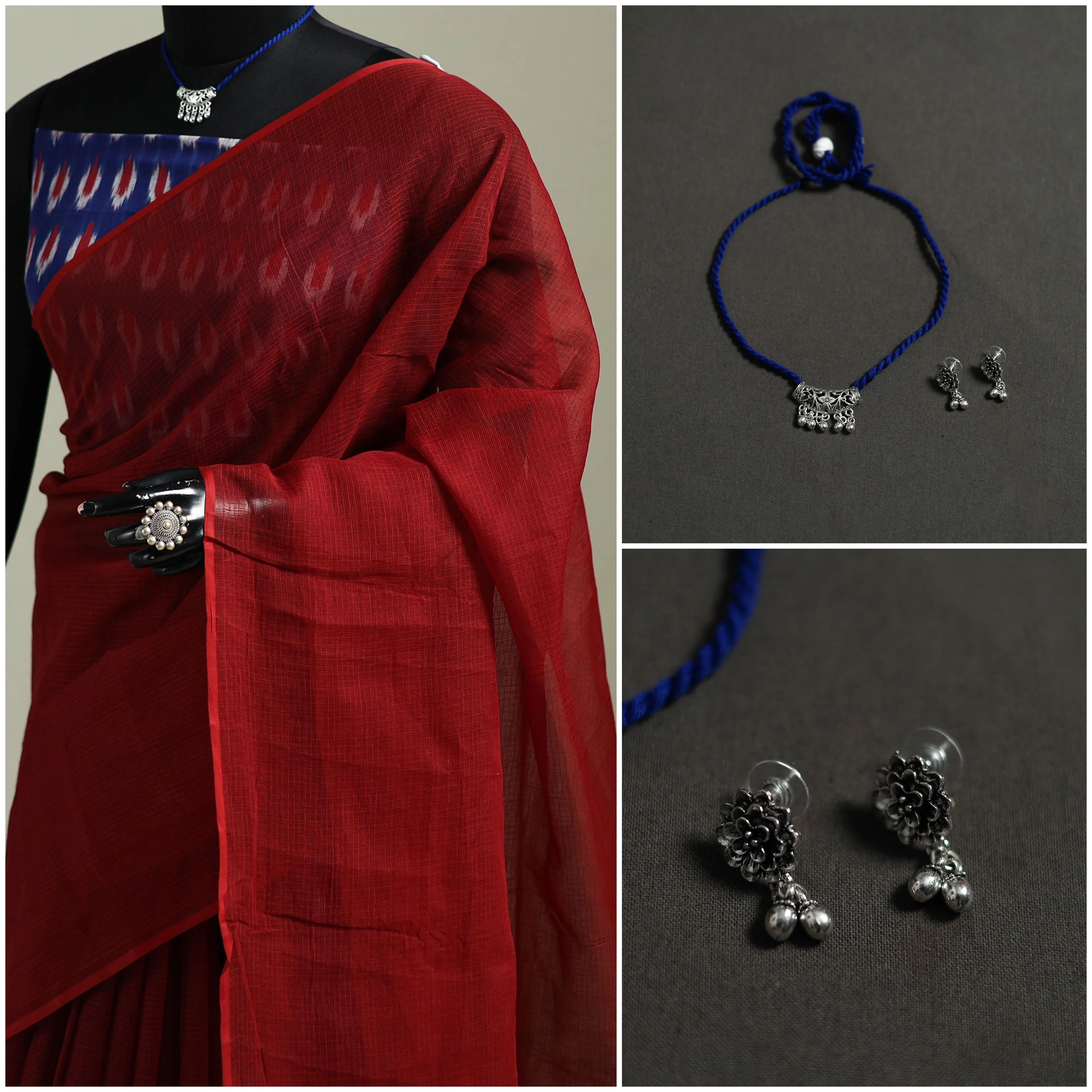 Red - Nazaakat Kota Doria Cotton Plain Saree with Blouse & Jewellery Set 171 - Image 3