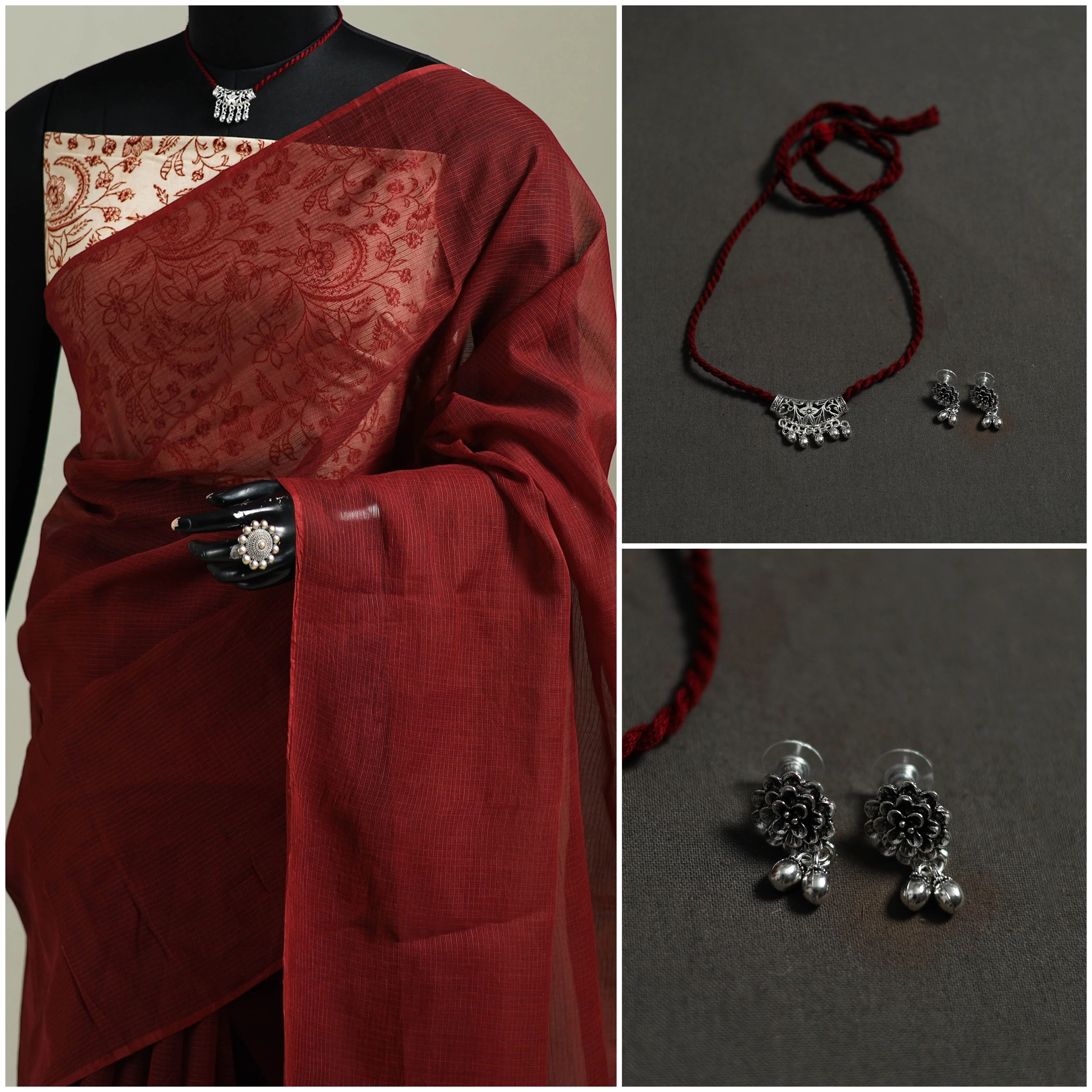 Red - Nazaakat Kota Doria Cotton Plain Saree with Blouse & Jewellery Set 172 - Image 3