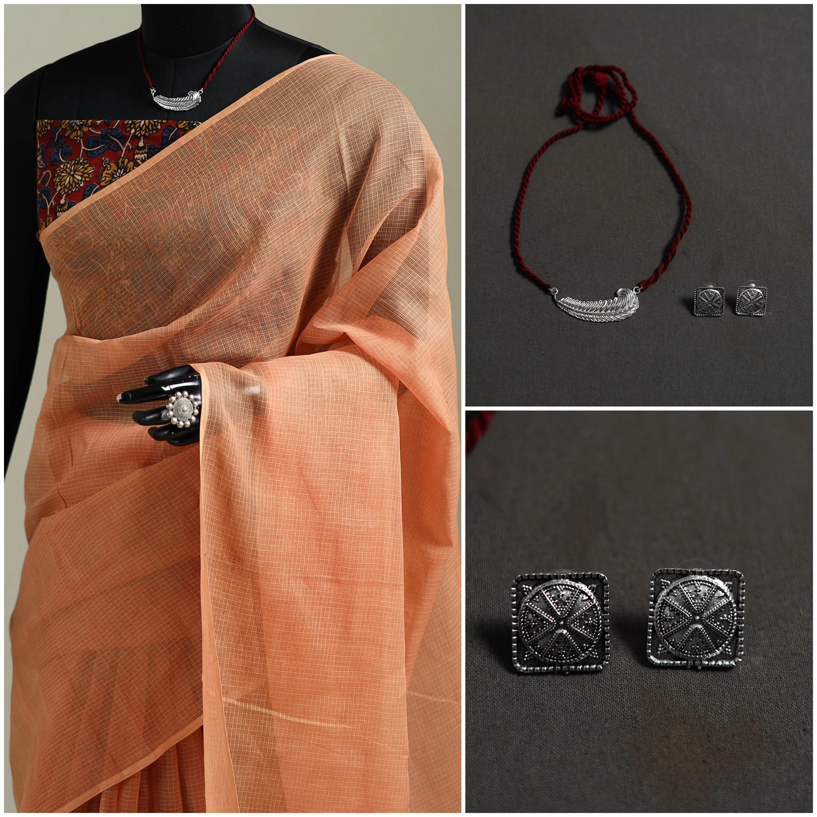 Peach - Nazaakat Kota Doria Cotton Plain Saree with Blouse & Jewellery Set 174 - Image 3