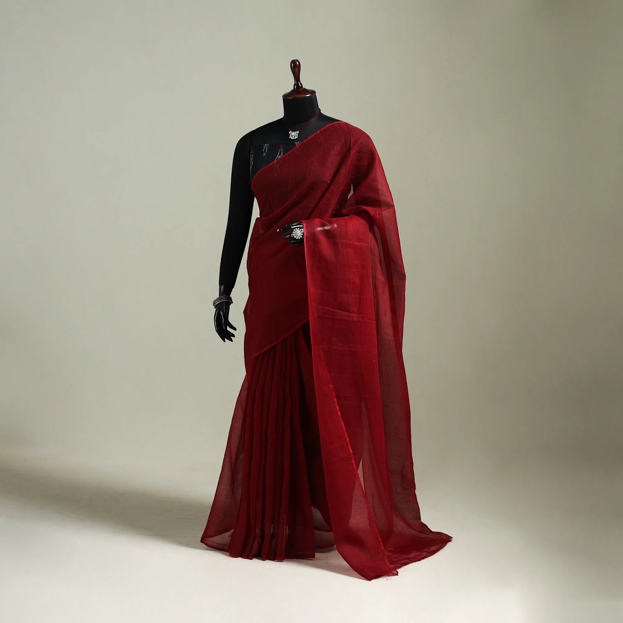Red - Nazaakat Kota Doria Cotton Plain Saree with Blouse & Jewellery Set 175