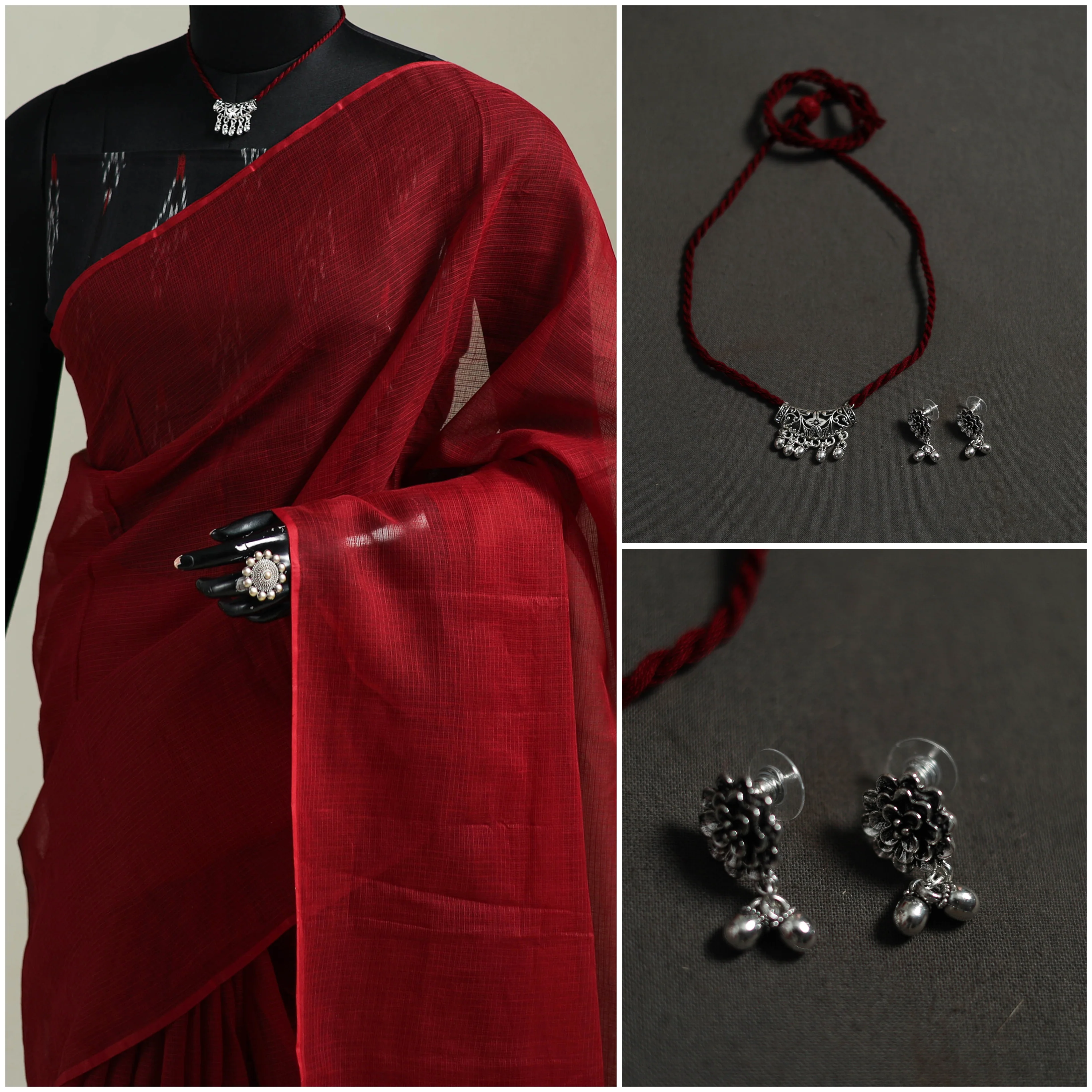 Red - Nazaakat Kota Doria Cotton Plain Saree with Blouse & Jewellery Set 175 - Image 3