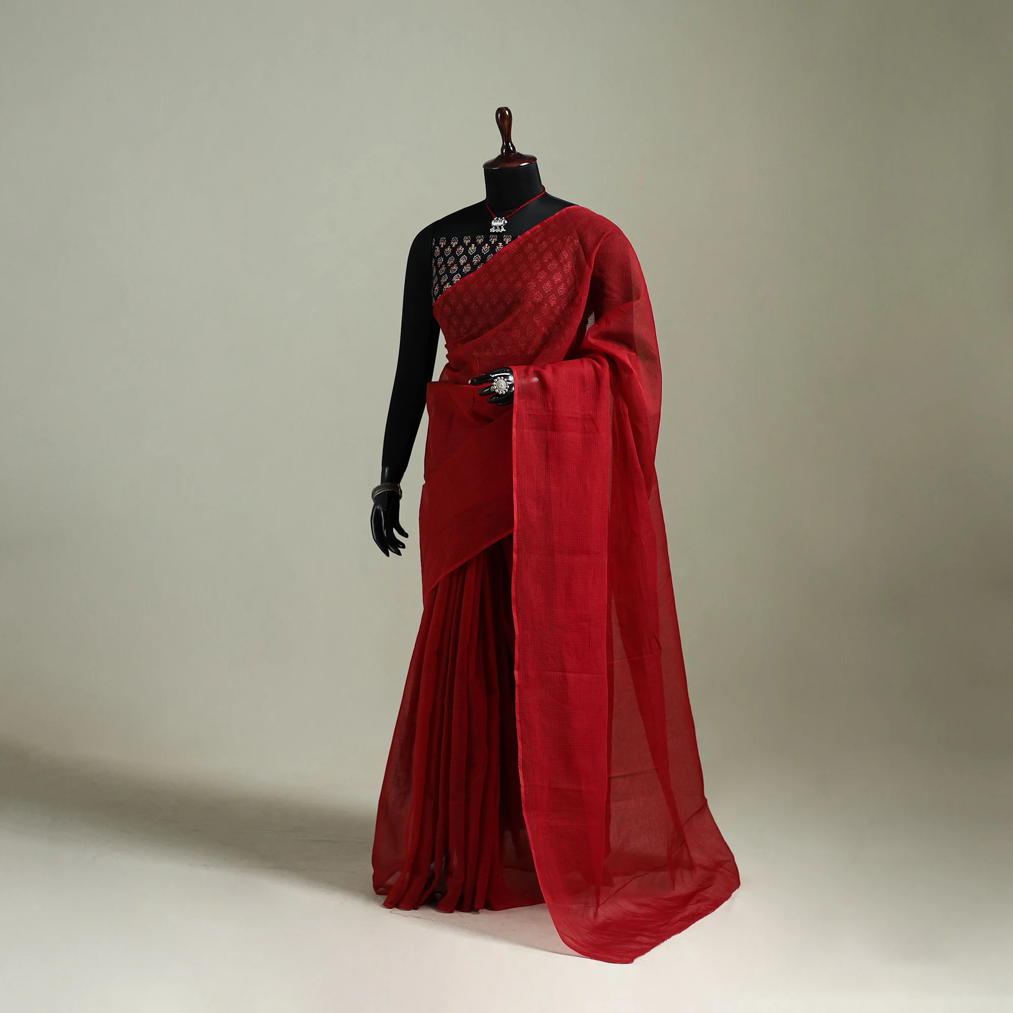 Red - Nazaakat Kota Doria Cotton Plain Saree with Blouse & Jewellery Set 176