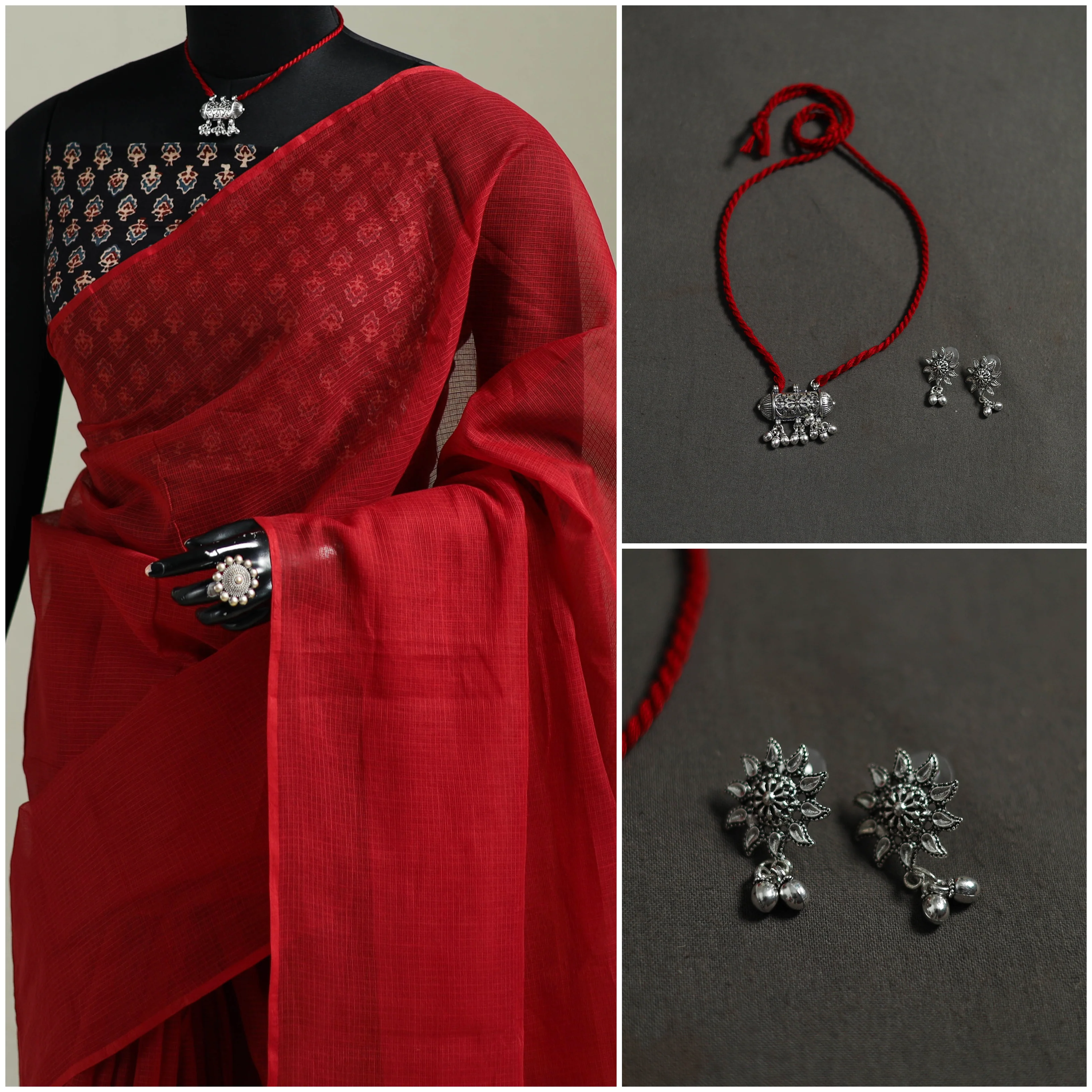 Red - Nazaakat Kota Doria Cotton Plain Saree with Blouse & Jewellery Set 176 - Image 3