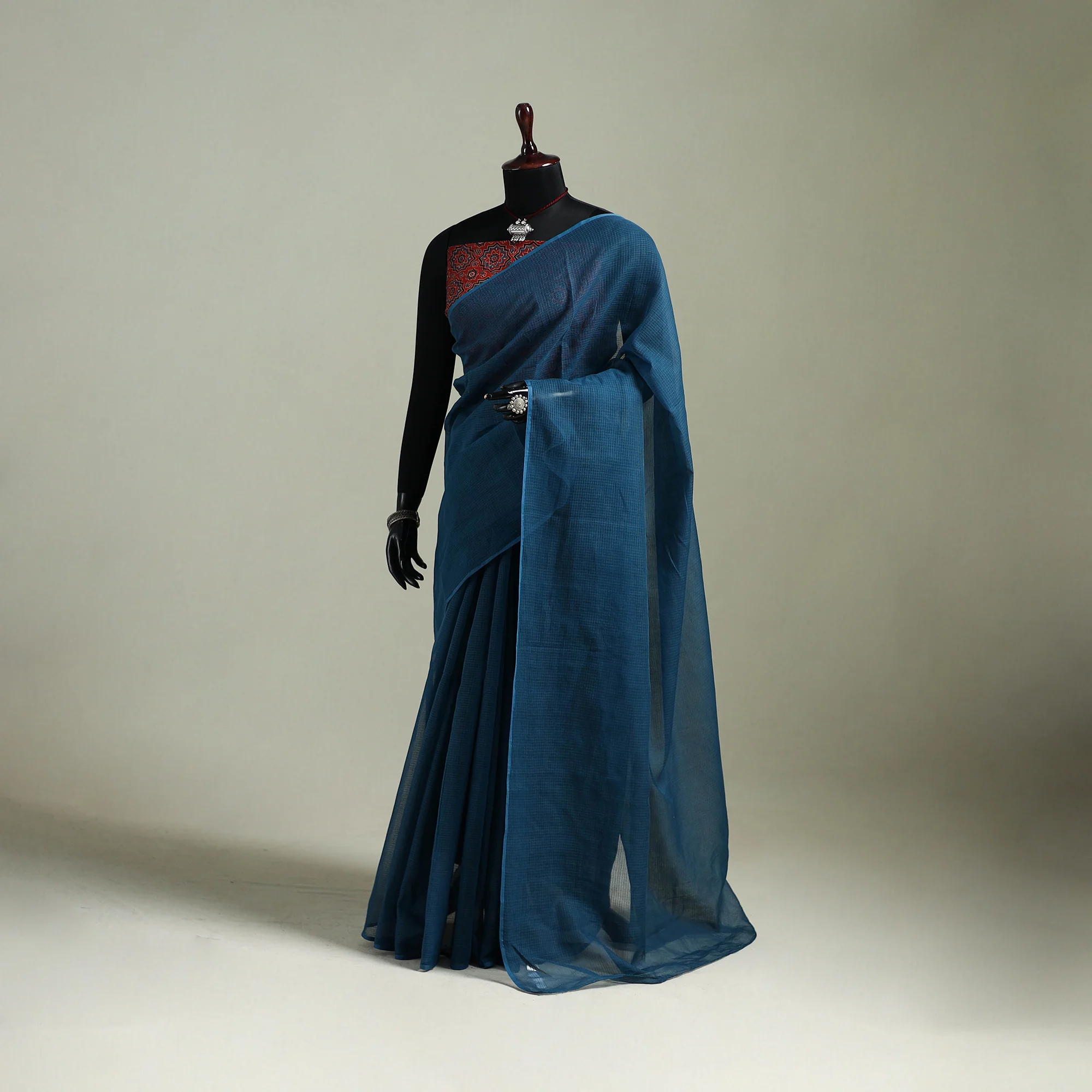 Blue - Nazaakat Kota Doria Cotton Plain Saree with Blouse & Jewellery Set 177