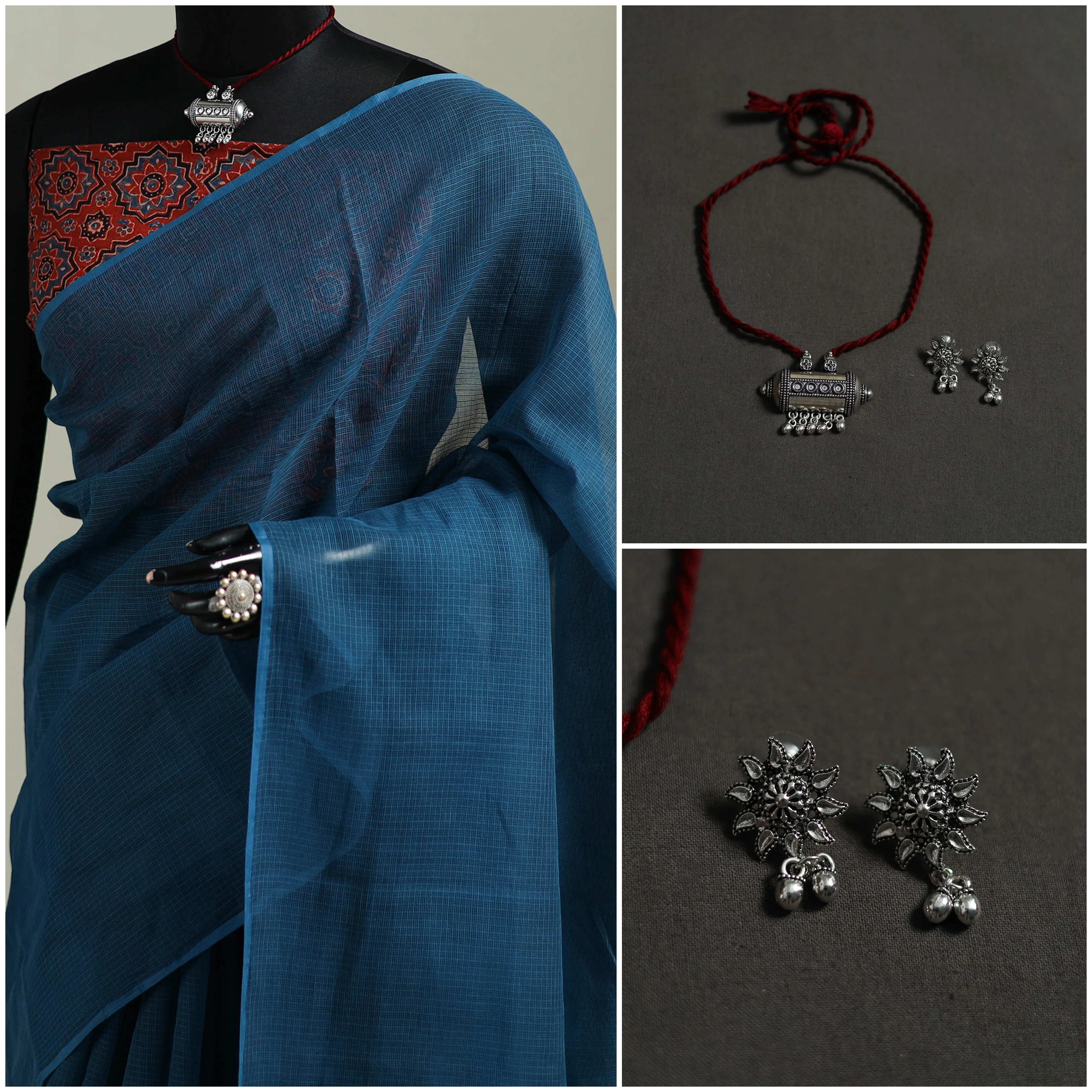 Blue - Nazaakat Kota Doria Cotton Plain Saree with Blouse & Jewellery Set 177 - Image 3