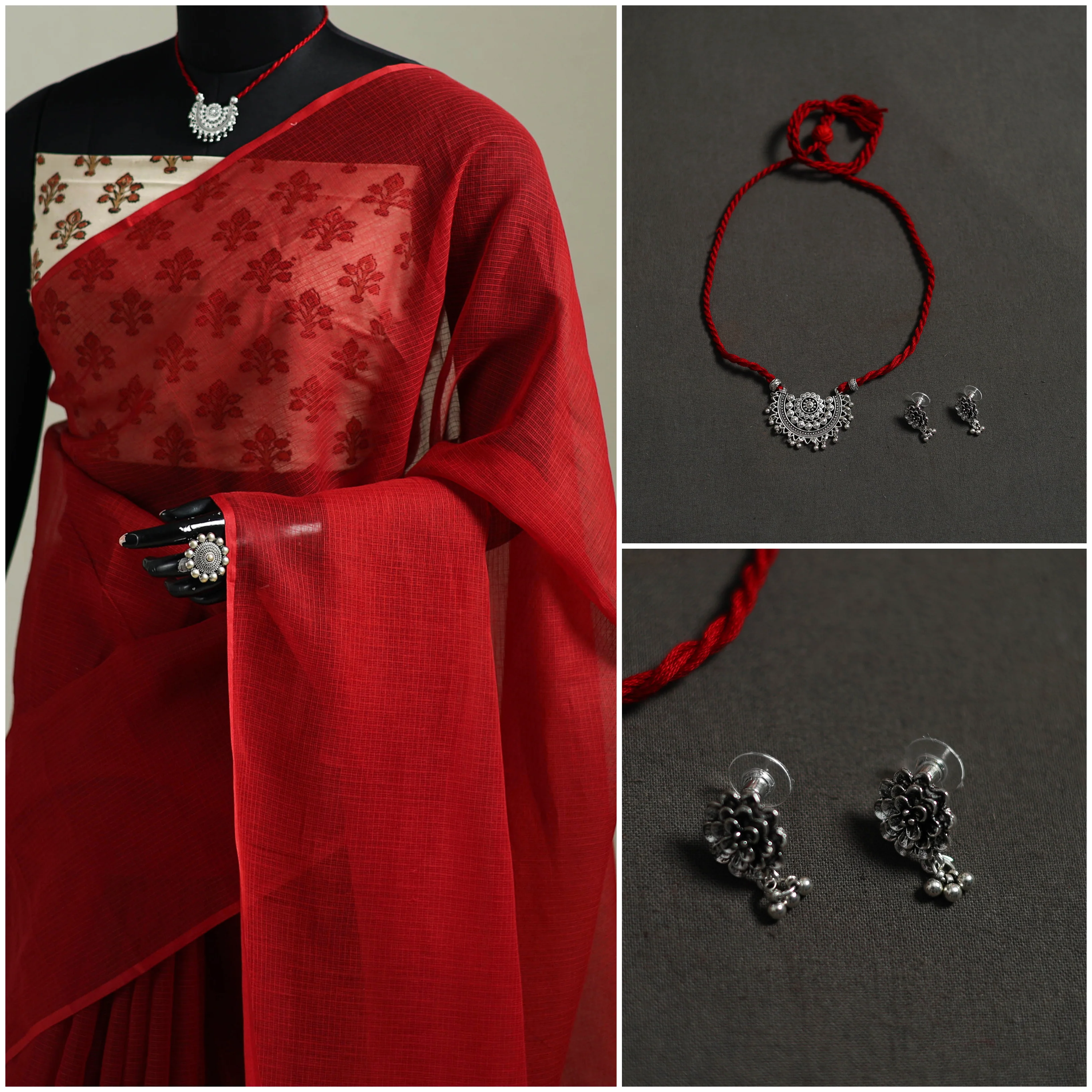 Red - Nazaakat Kota Doria Cotton Plain Saree with Blouse & Jewellery Set 178 - Image 3