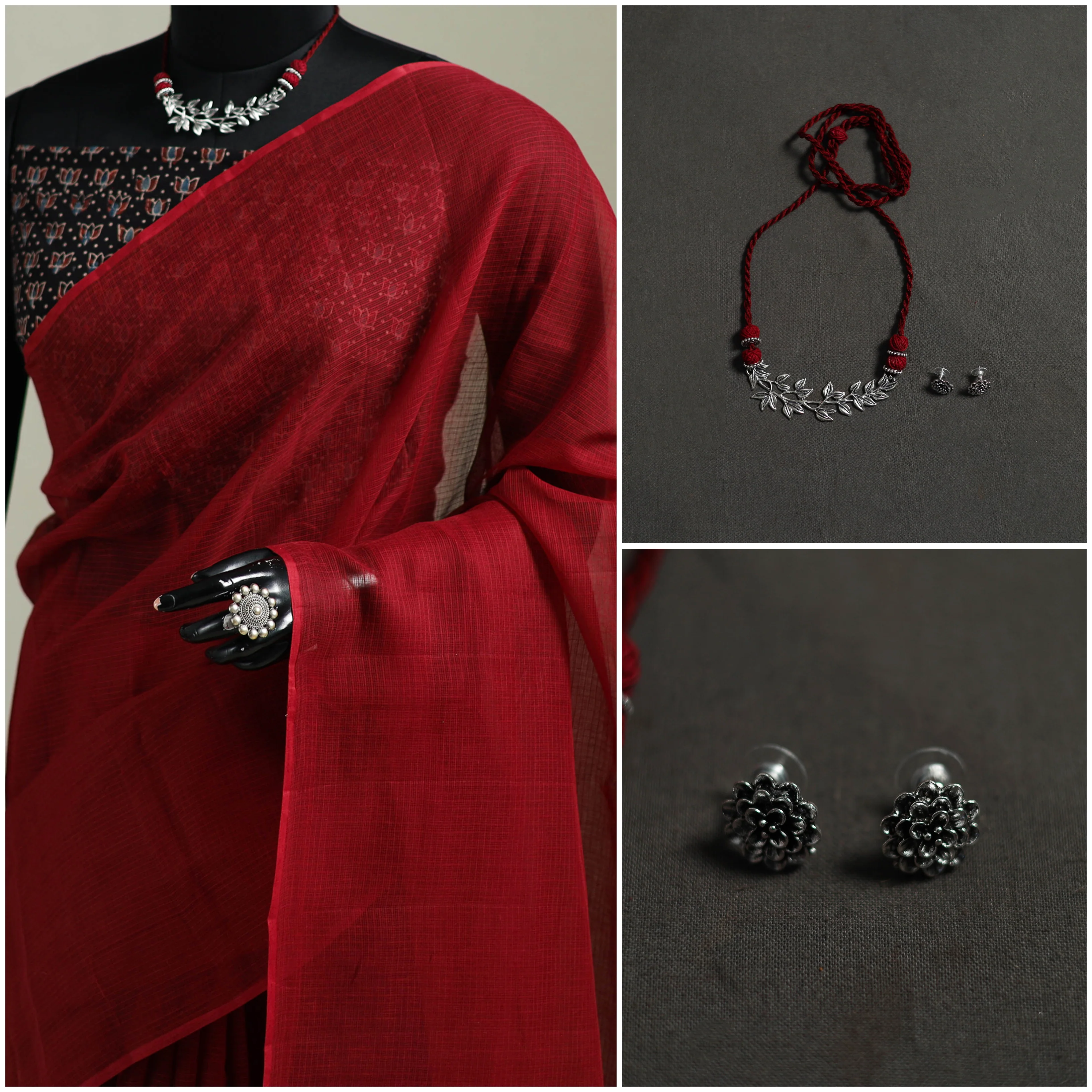 Red - Nazaakat Kota Doria Cotton Plain Saree with Blouse & Jewellery Set 180 - Image 3