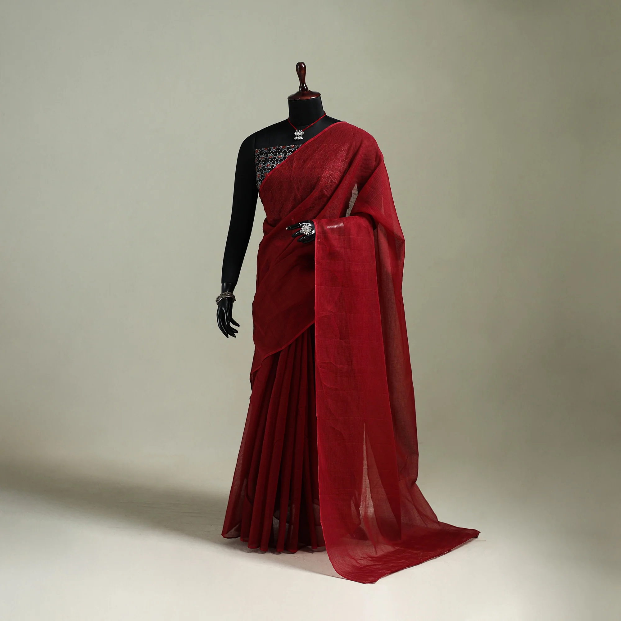 Red - Nazaakat Kota Doria Cotton Plain Saree with Blouse & Jewellery Set 181
