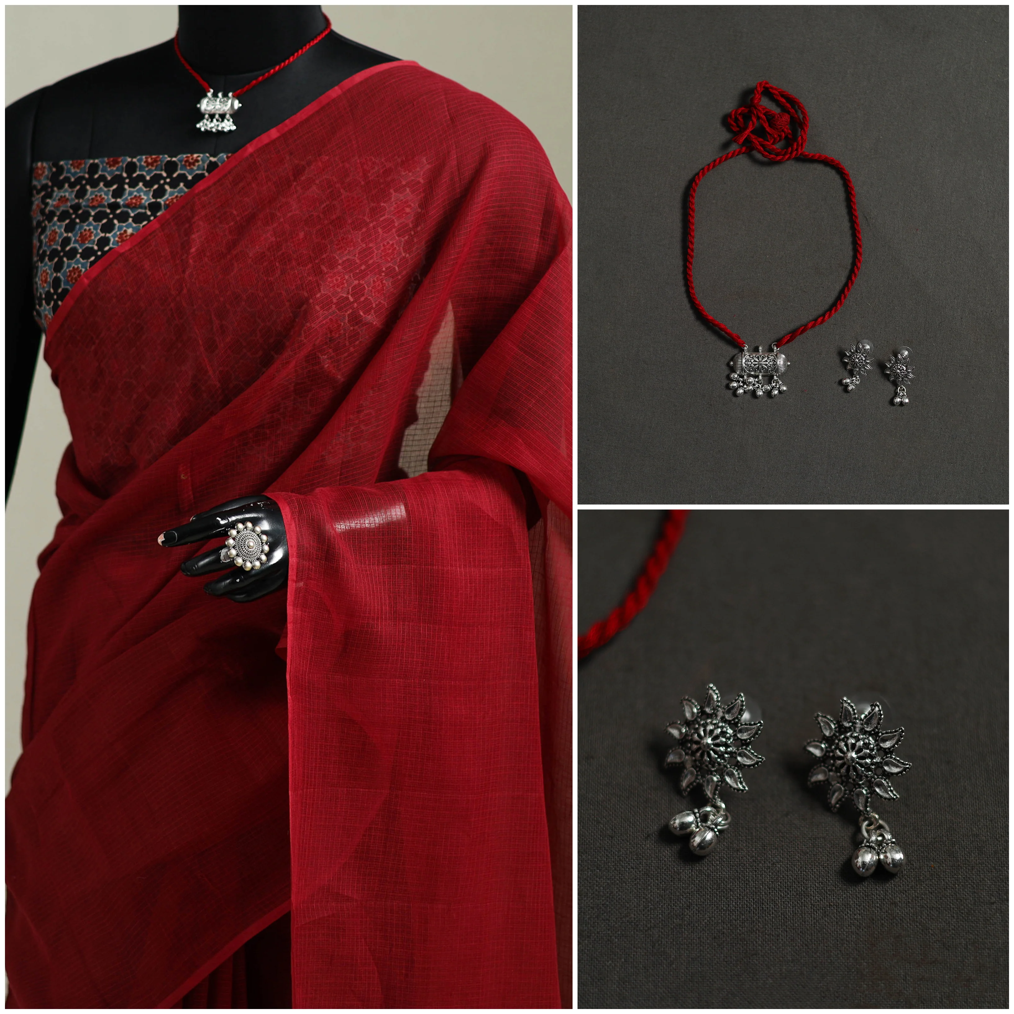 Red - Nazaakat Kota Doria Cotton Plain Saree with Blouse & Jewellery Set 181 - Image 3