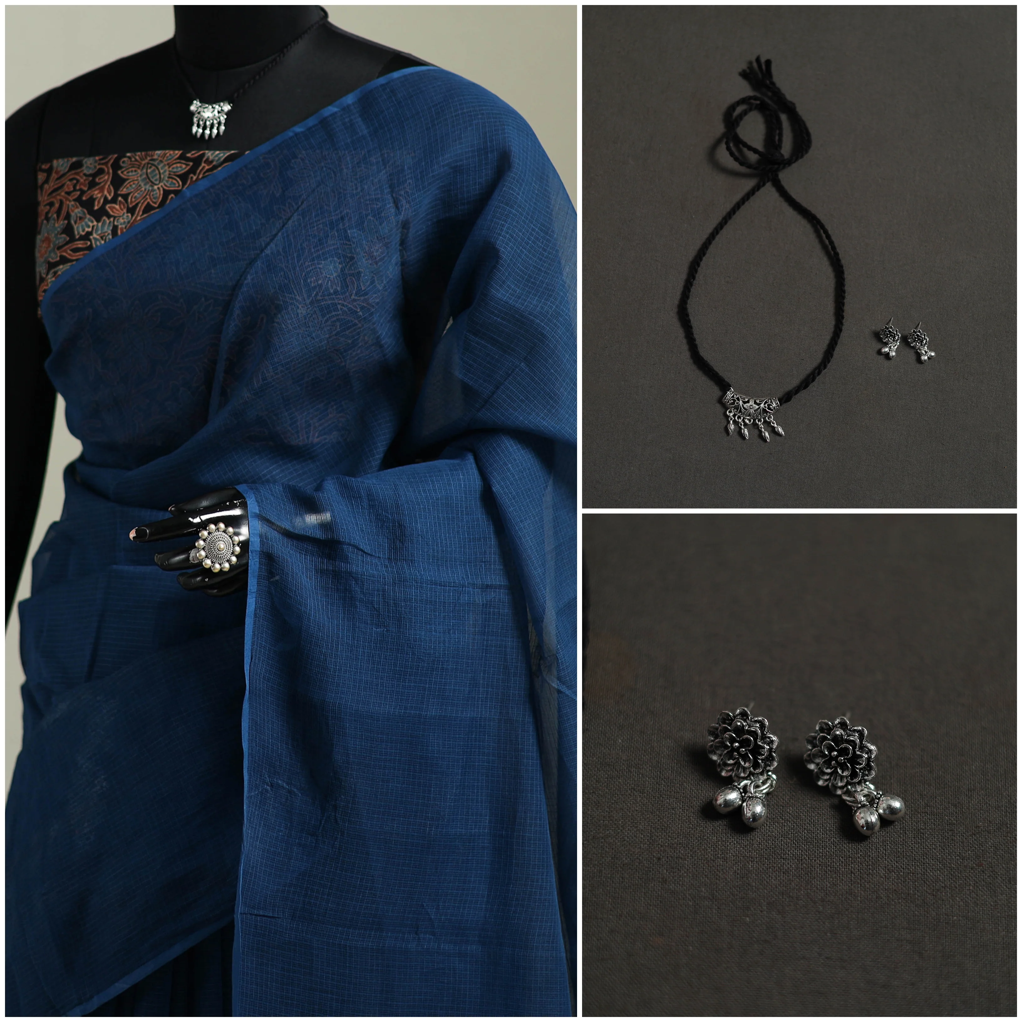 Blue - Nazaakat Kota Doria Cotton Plain Saree with Blouse & Jewellery Set 182 - Image 3