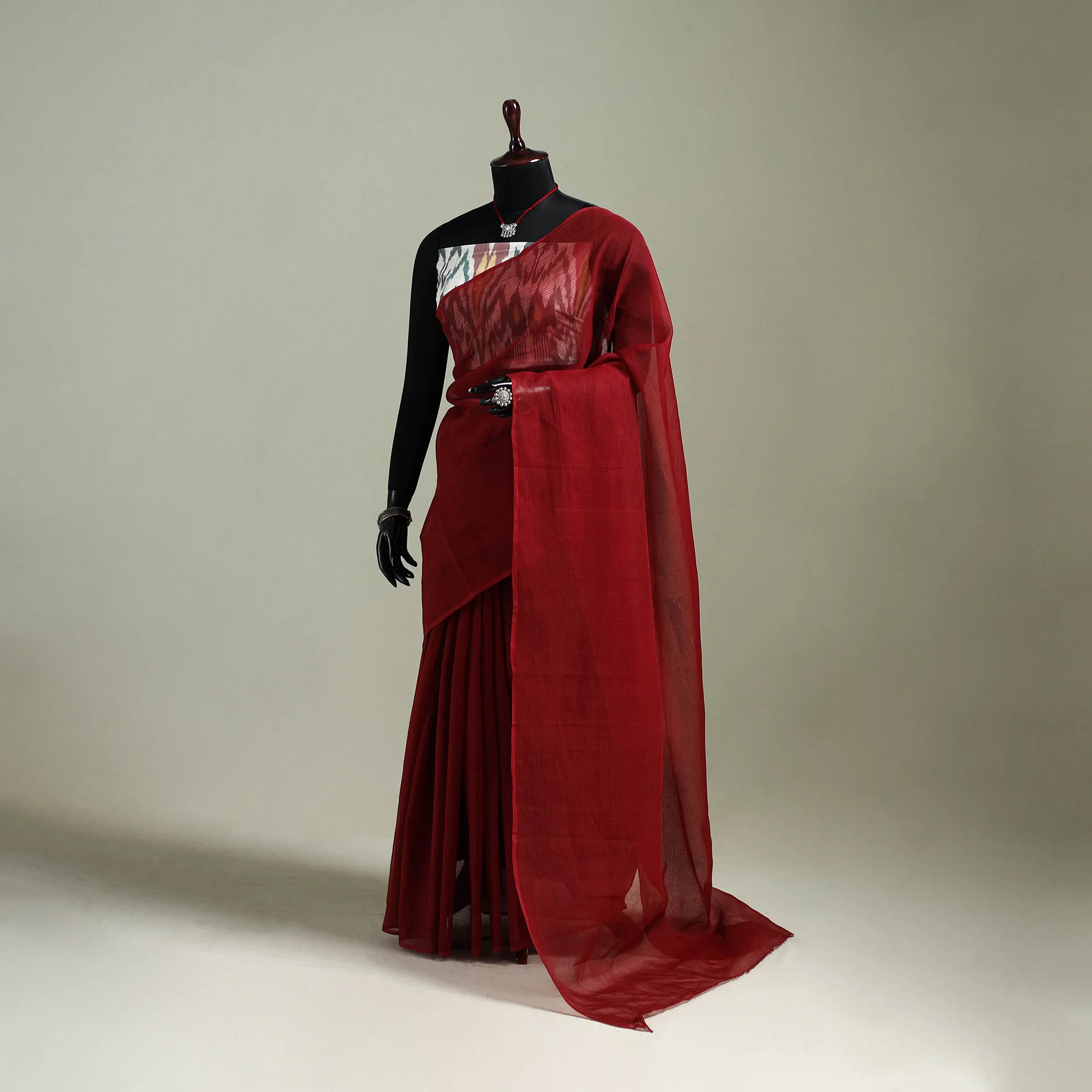 Red - Nazaakat Kota Doria Cotton Plain Saree with Blouse & Jewellery Set 183