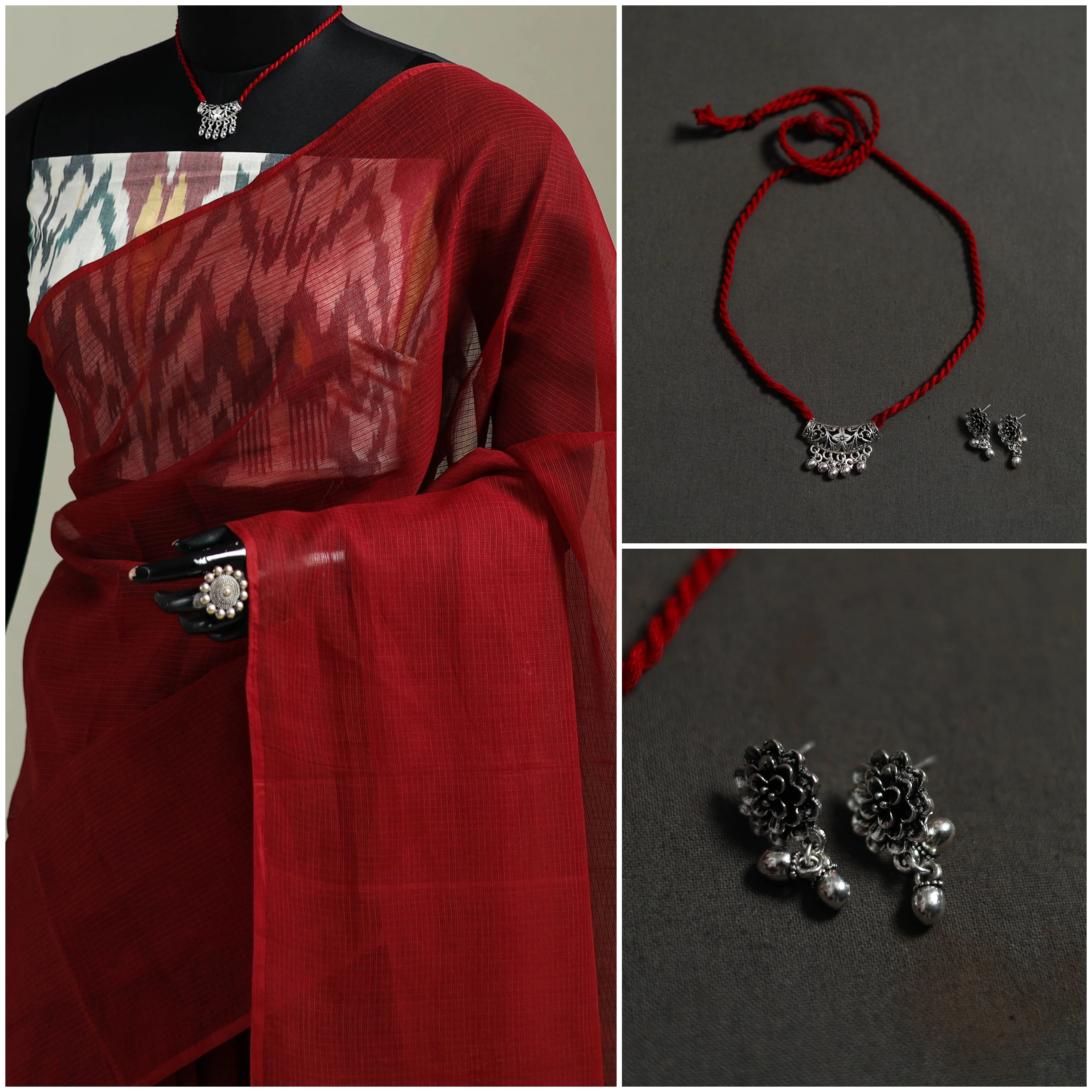 Red - Nazaakat Kota Doria Cotton Plain Saree with Blouse & Jewellery Set 183 - Image 3