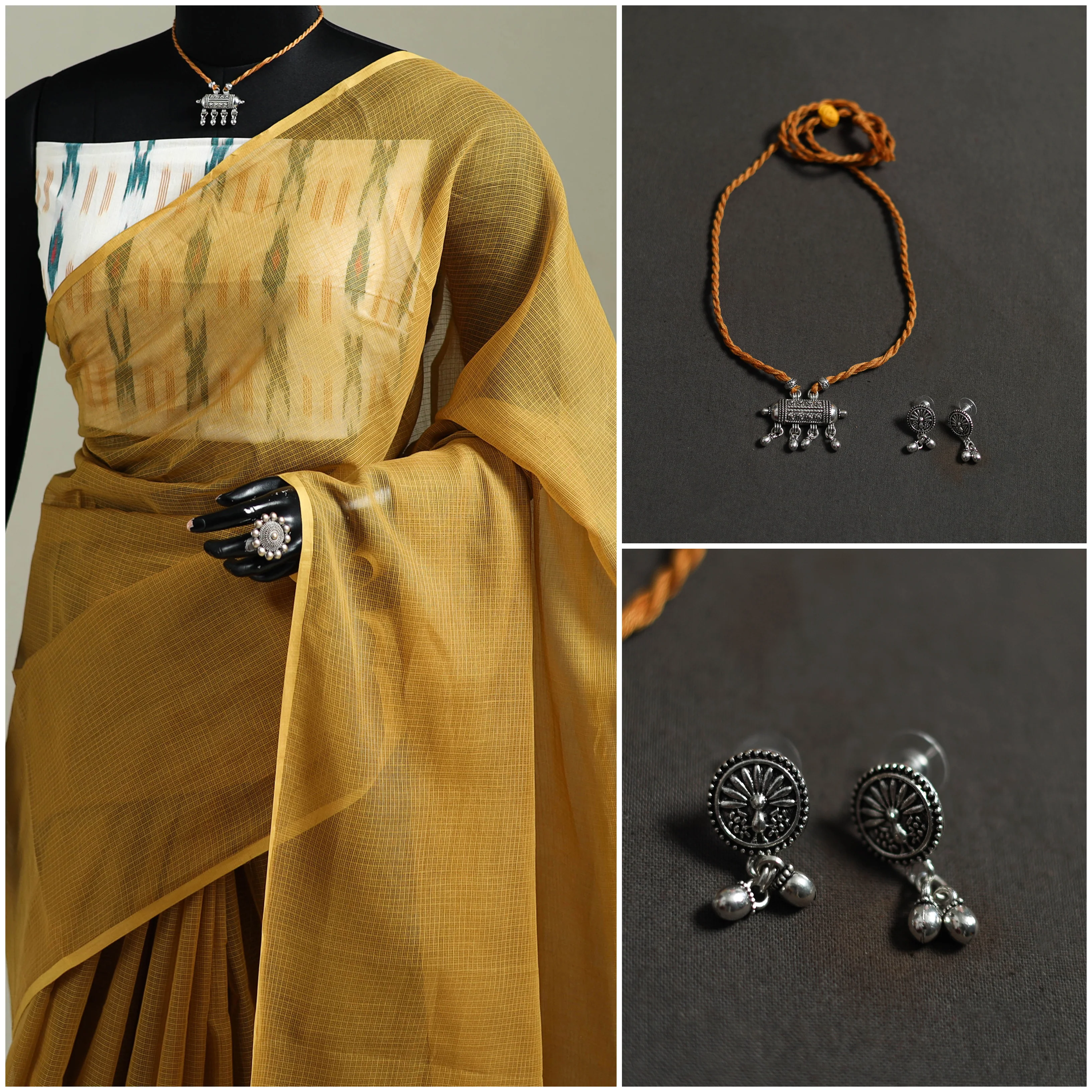 Yellow - Nazaakat Kota Doria Cotton Plain Saree with Blouse & Jewellery Set 184 - Image 3