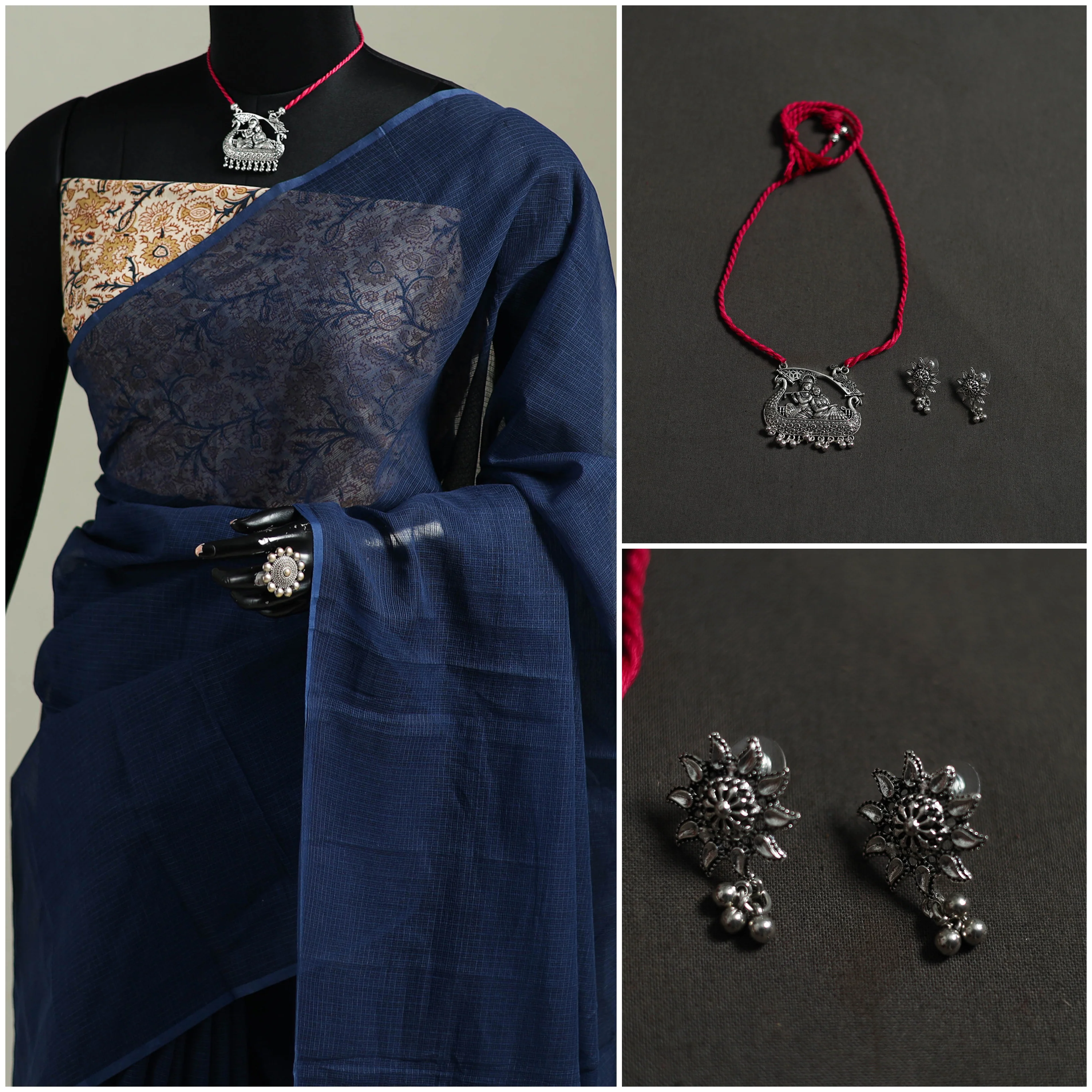 Blue - Nazaakat Kota Doria Cotton Plain Saree with Blouse & Jewellery Set 185 - Image 3
