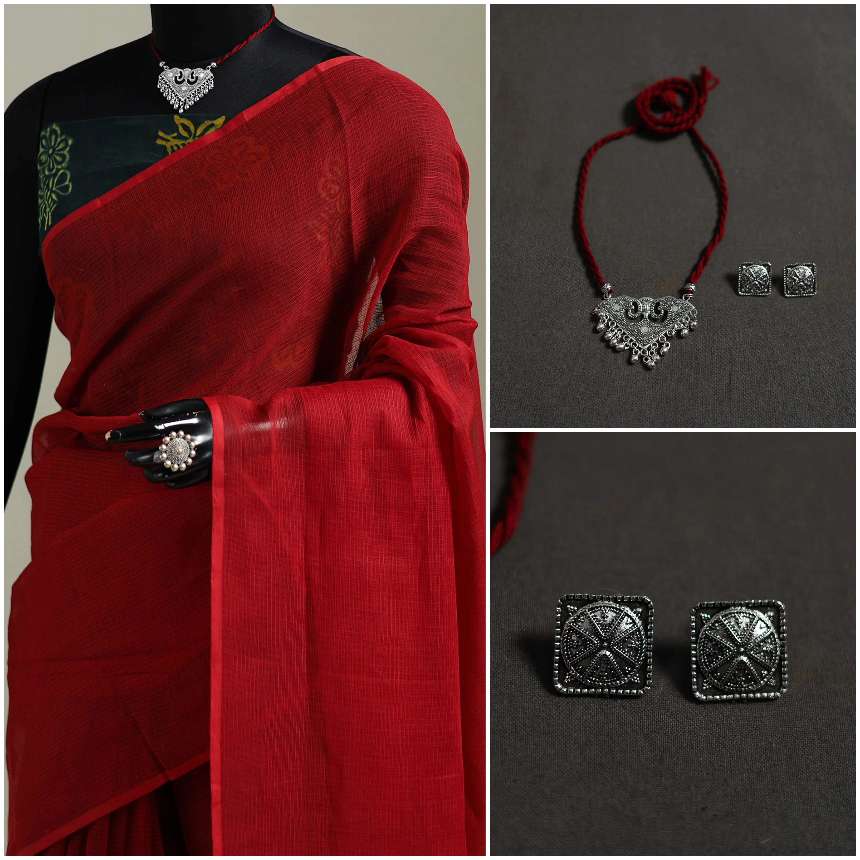 Red - Nazaakat Kota Doria Cotton Plain Saree with Blouse & Jewellery Set 187 - Image 3