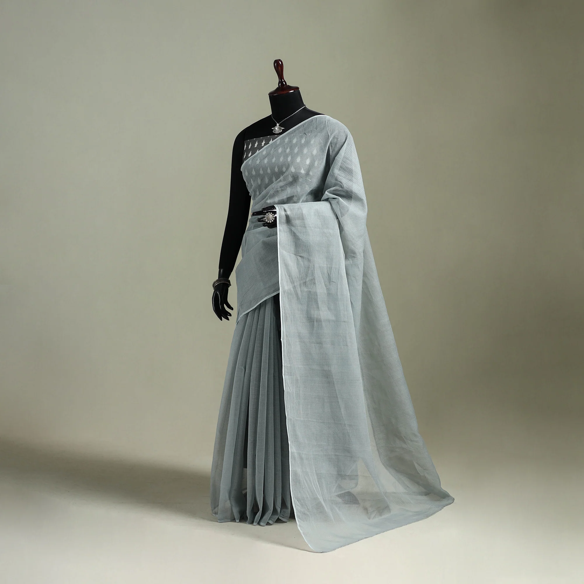 Grey - Nazaakat Kota Doria Cotton Plain Saree with Blouse & Jewellery Set 191