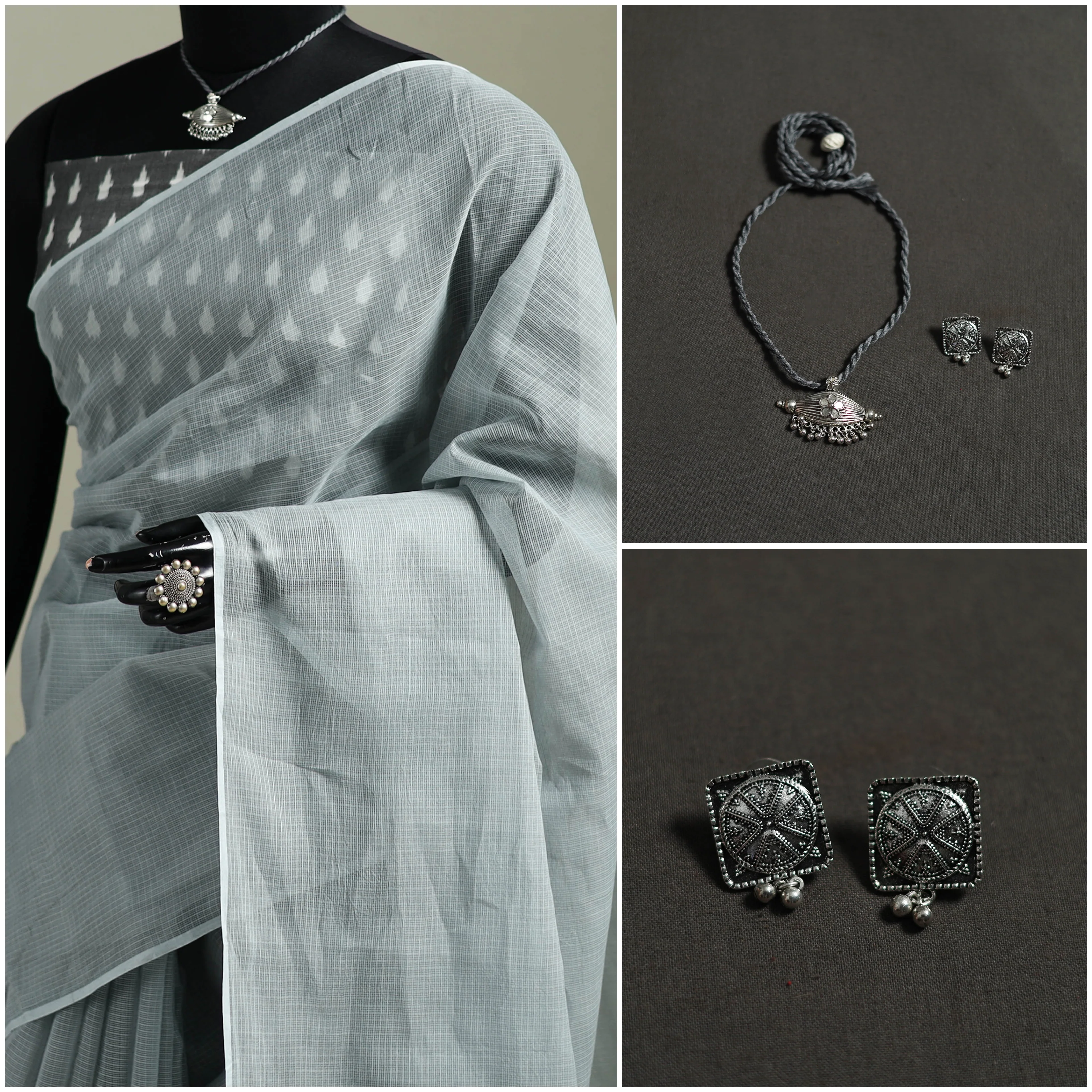 Grey - Nazaakat Kota Doria Cotton Plain Saree with Blouse & Jewellery Set 191 - Image 3