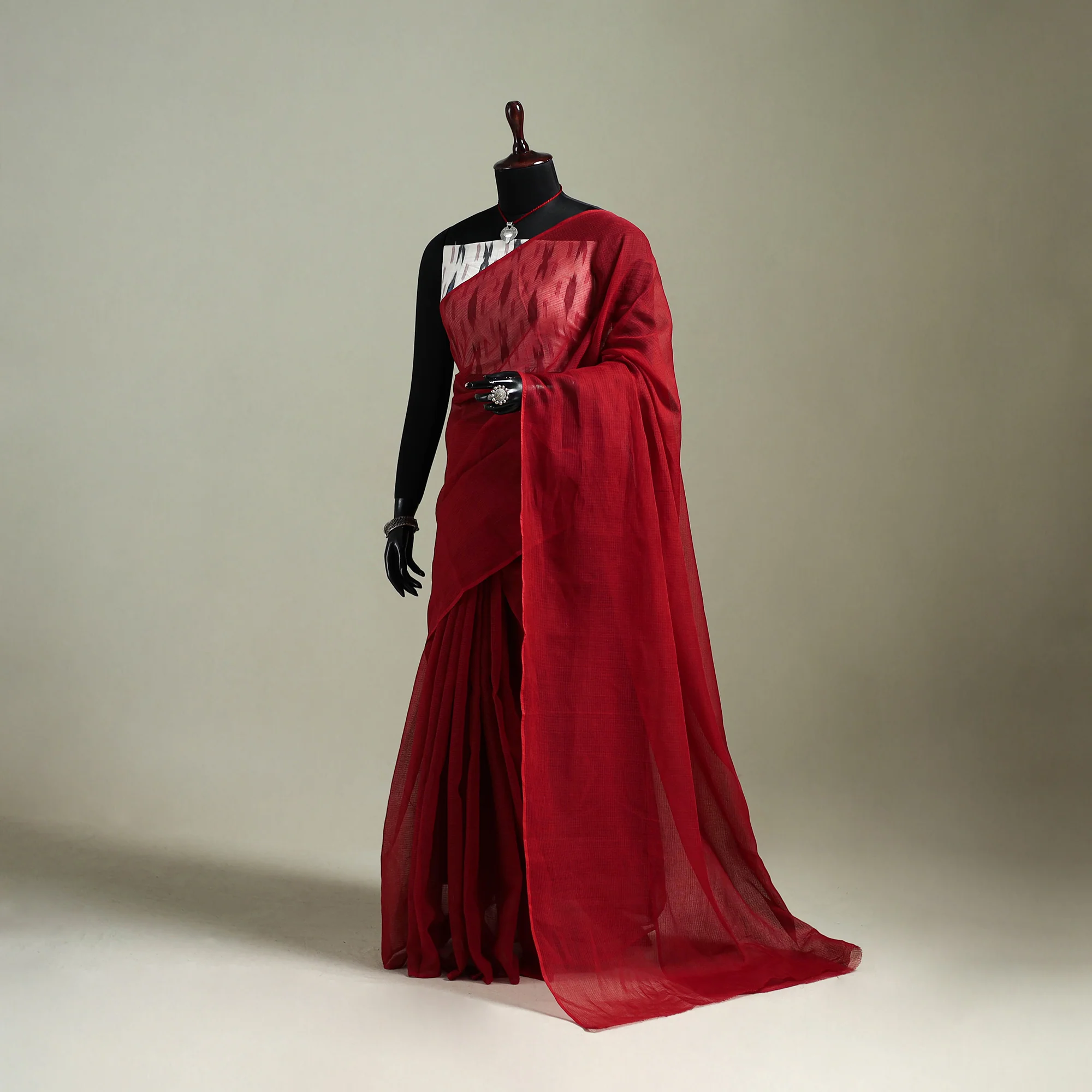 Red - Nazaakat Kota Doria Cotton Plain Saree with Blouse & Jewellery Set 193