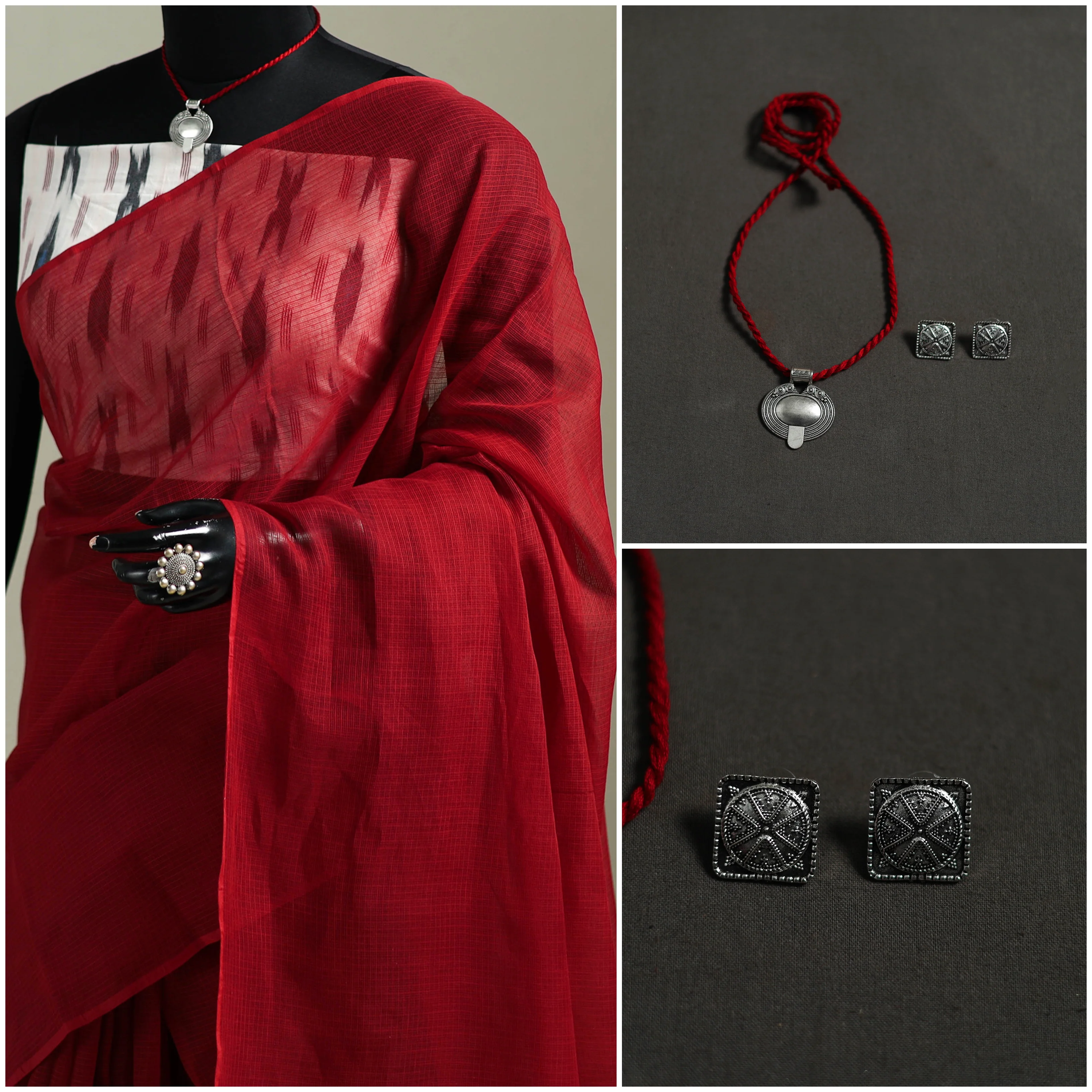 Red - Nazaakat Kota Doria Cotton Plain Saree with Blouse & Jewellery Set 193 - Image 3