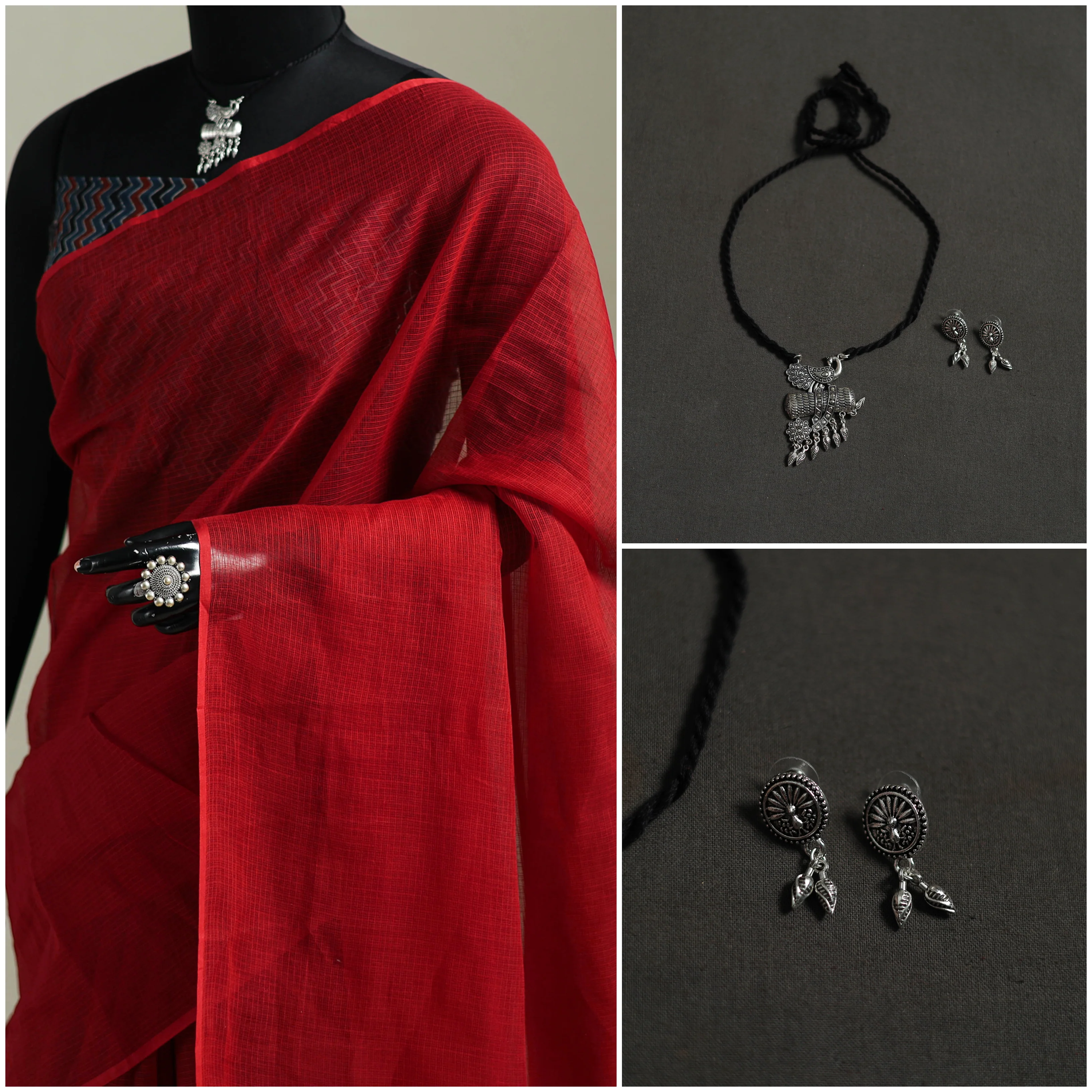 Red - Nazaakat Kota Doria Cotton Plain Saree with Blouse & Jewellery Set 194 - Image 3