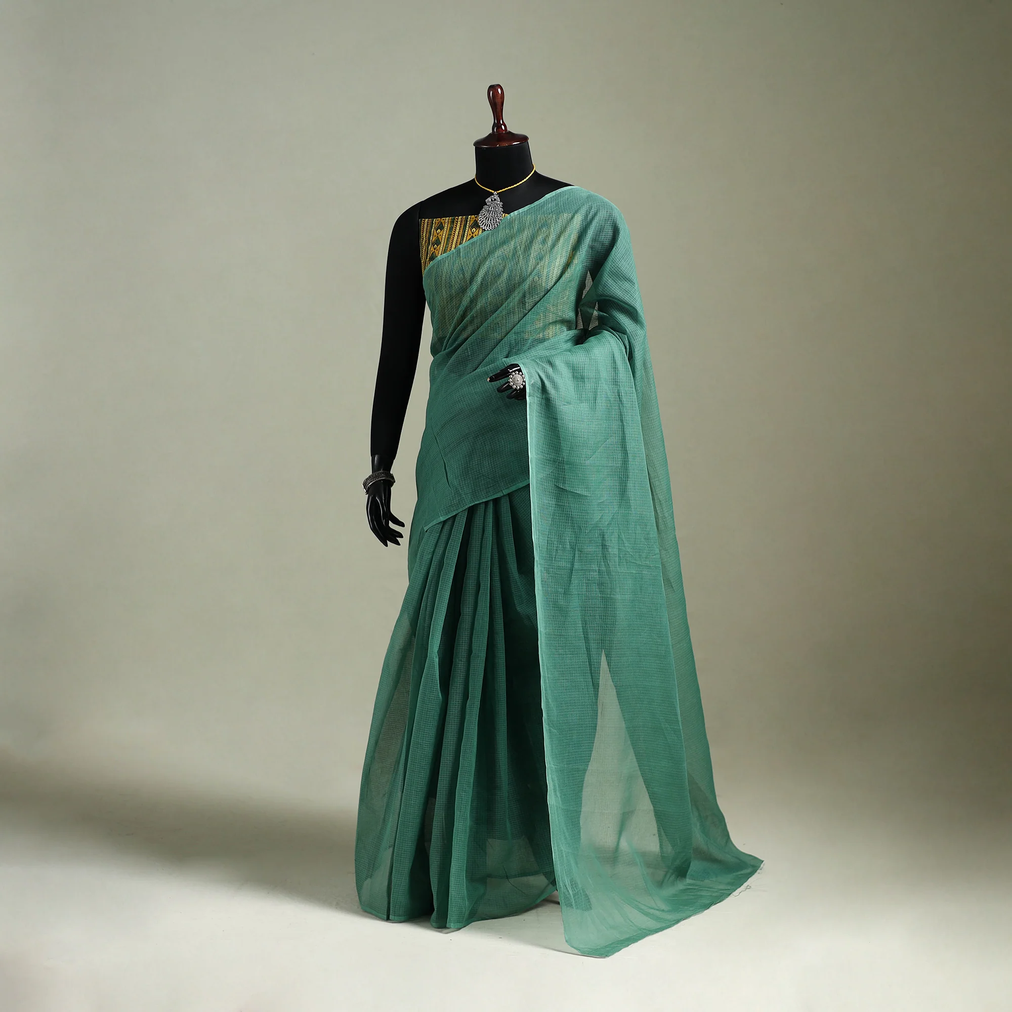 Green - Nazaakat Kota Doria Cotton Plain Saree with Blouse & Jewellery Set 20