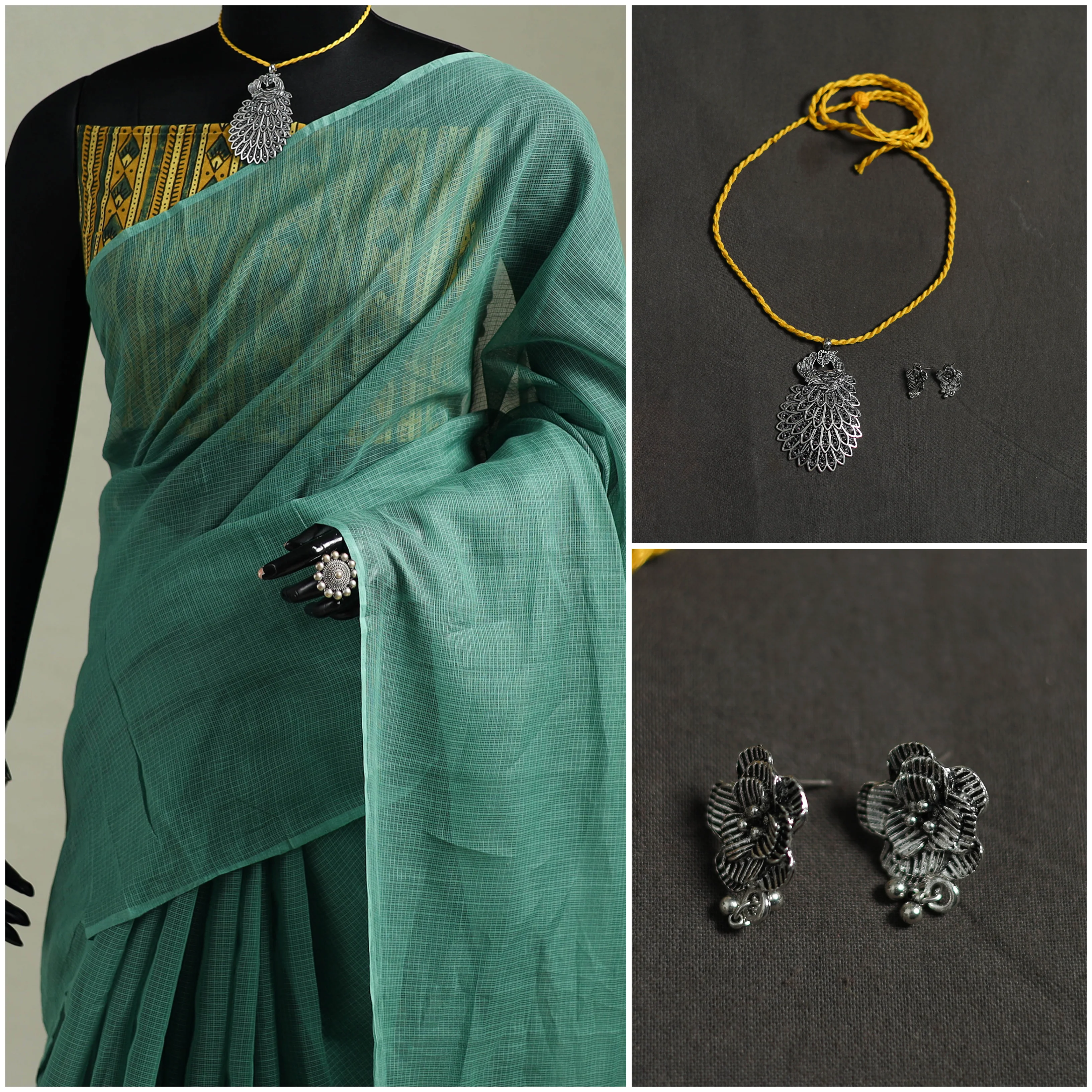 Green - Nazaakat Kota Doria Cotton Plain Saree with Blouse & Jewellery Set 20 - Image 3