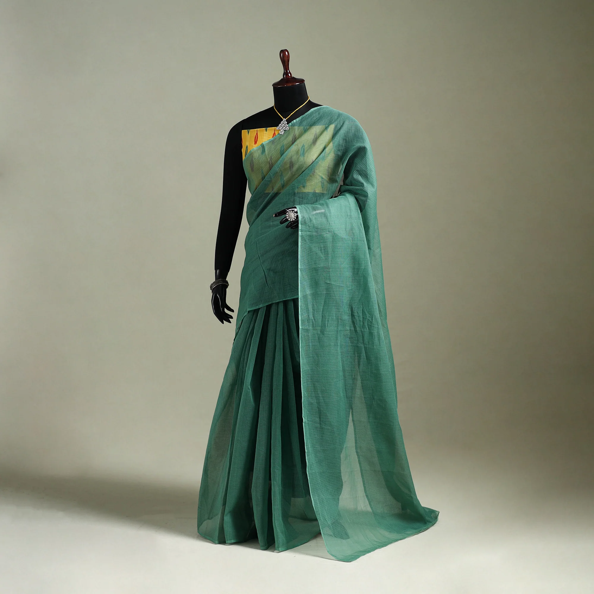 Green - Nazaakat Kota Doria Cotton Plain Saree with Blouse & Jewellery Set 21