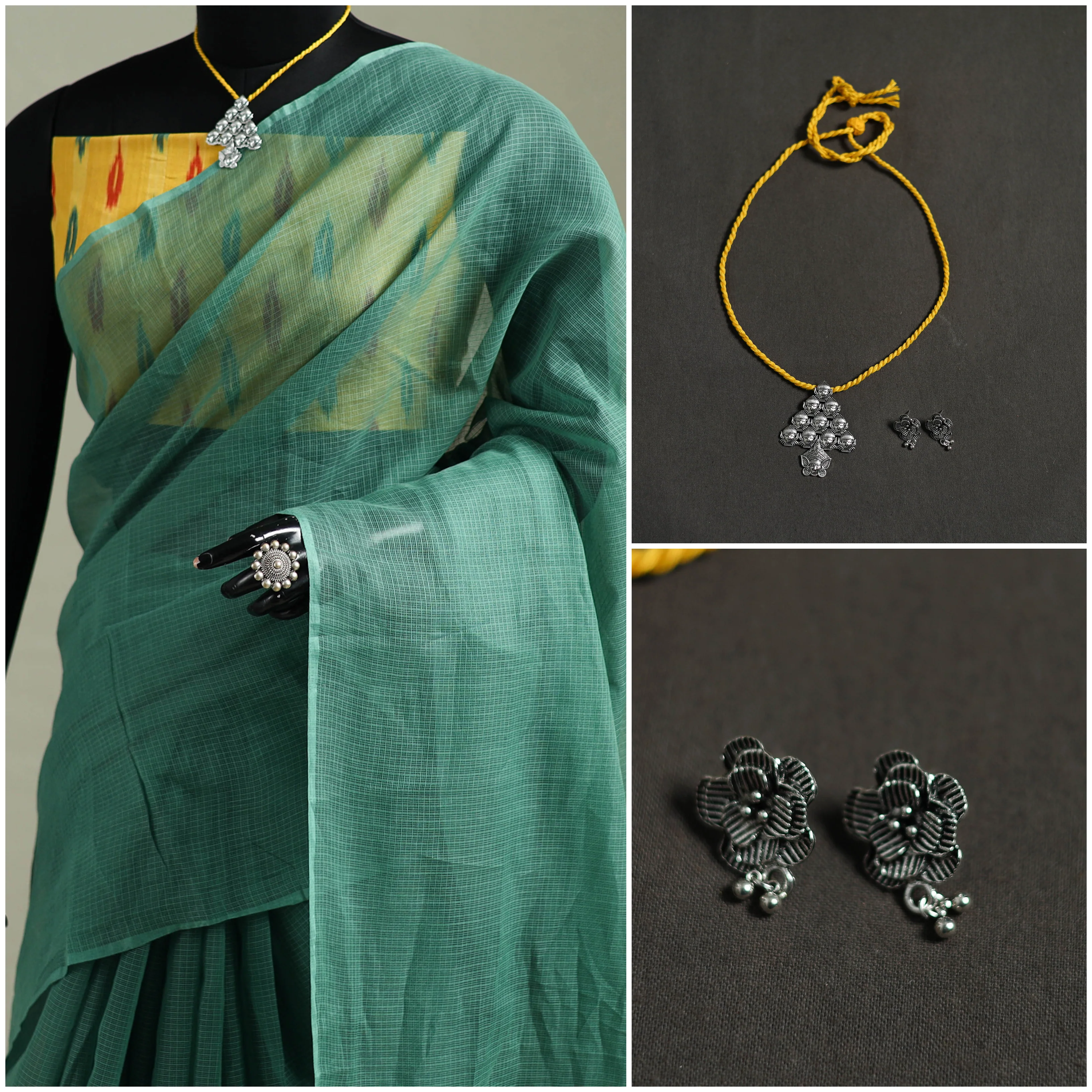 Green - Nazaakat Kota Doria Cotton Plain Saree with Blouse & Jewellery Set 21 - Image 3