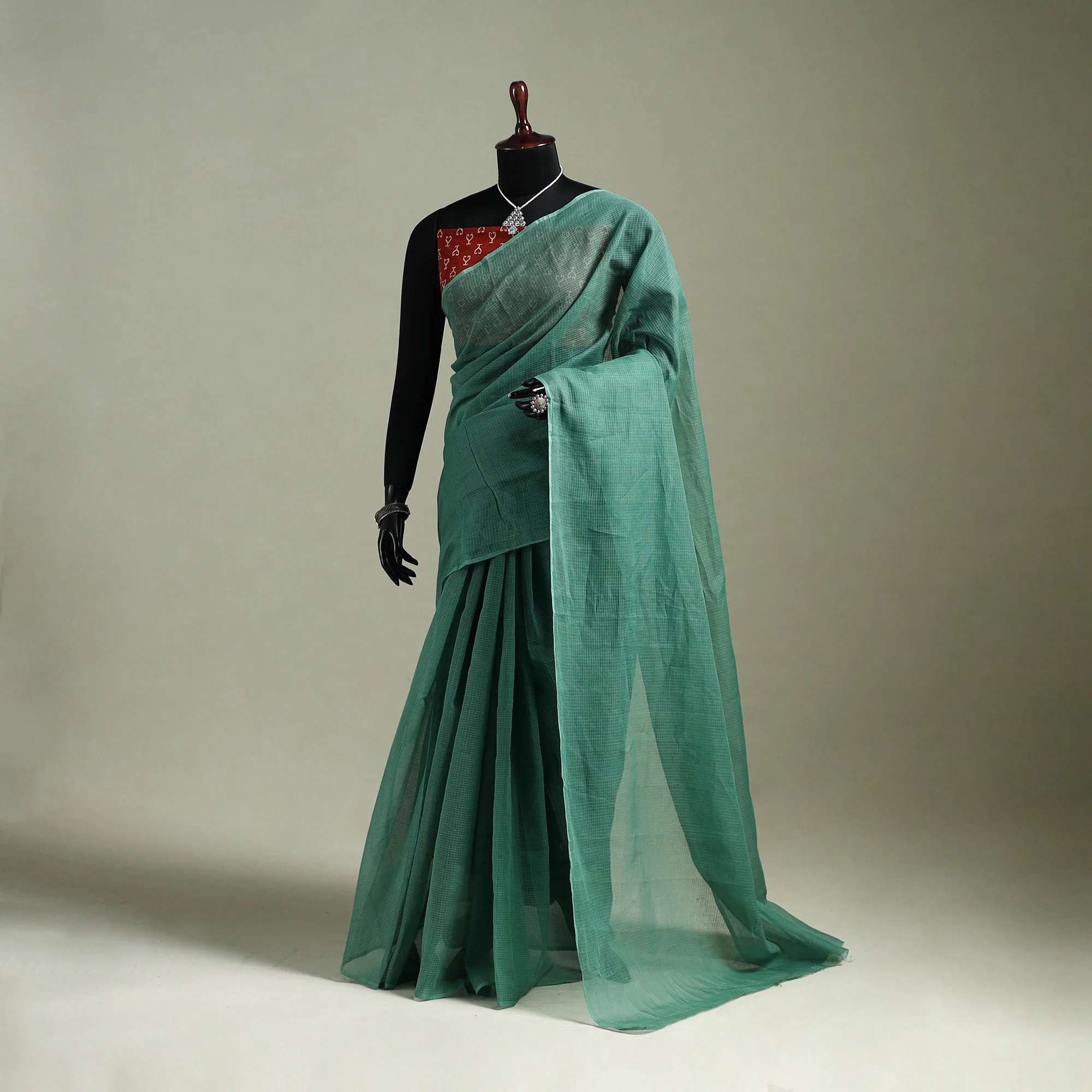 Green - Nazaakat Kota Doria Cotton Plain Saree with Blouse & Jewellery Set 22