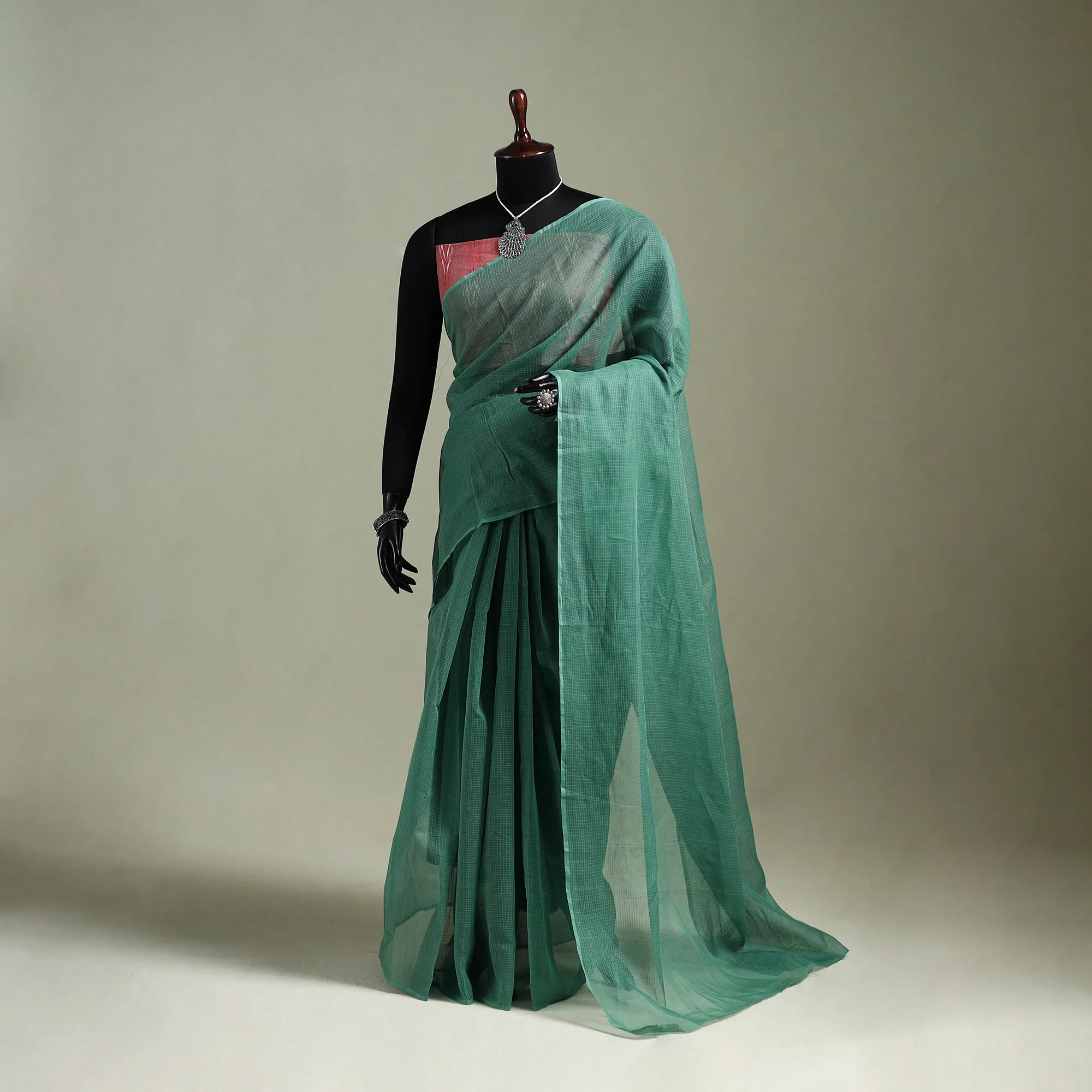 Green - Nazaakat Kota Doria Cotton Plain Saree with Blouse & Jewellery Set 23