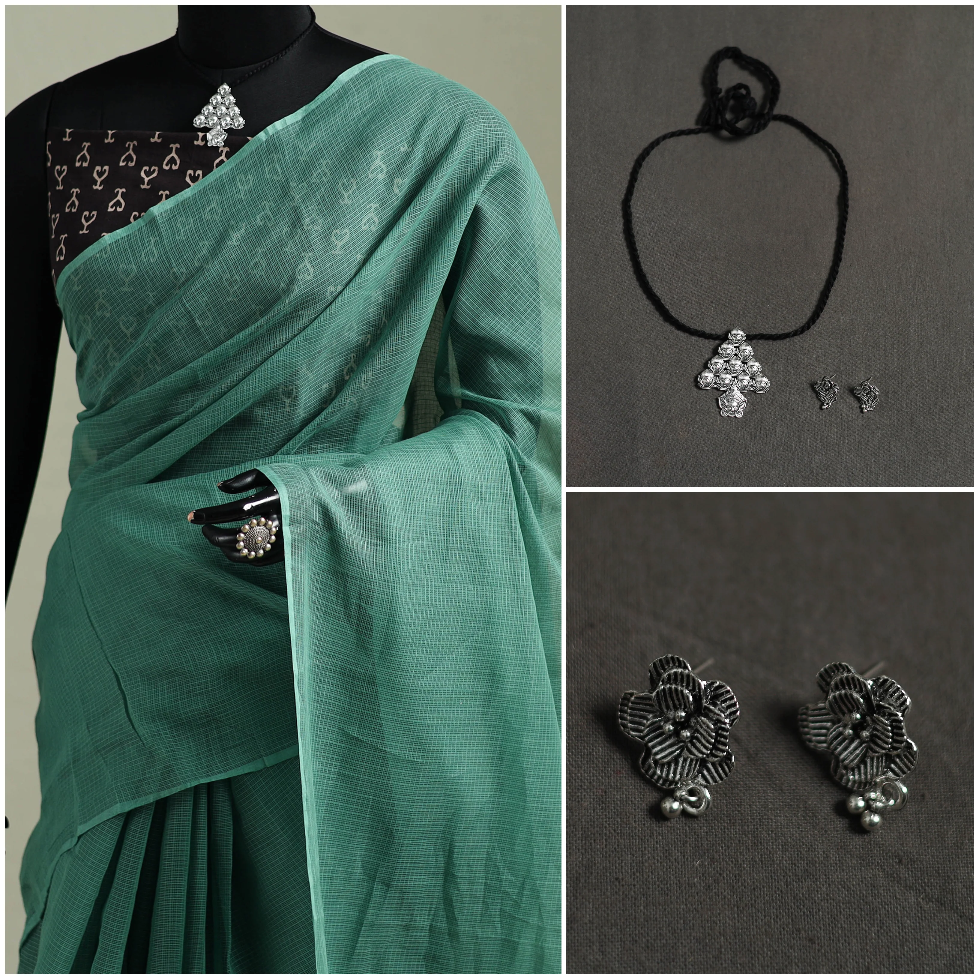 Green - Nazaakat Kota Doria Cotton Plain Saree with Blouse & Jewellery Set 24 - Image 3