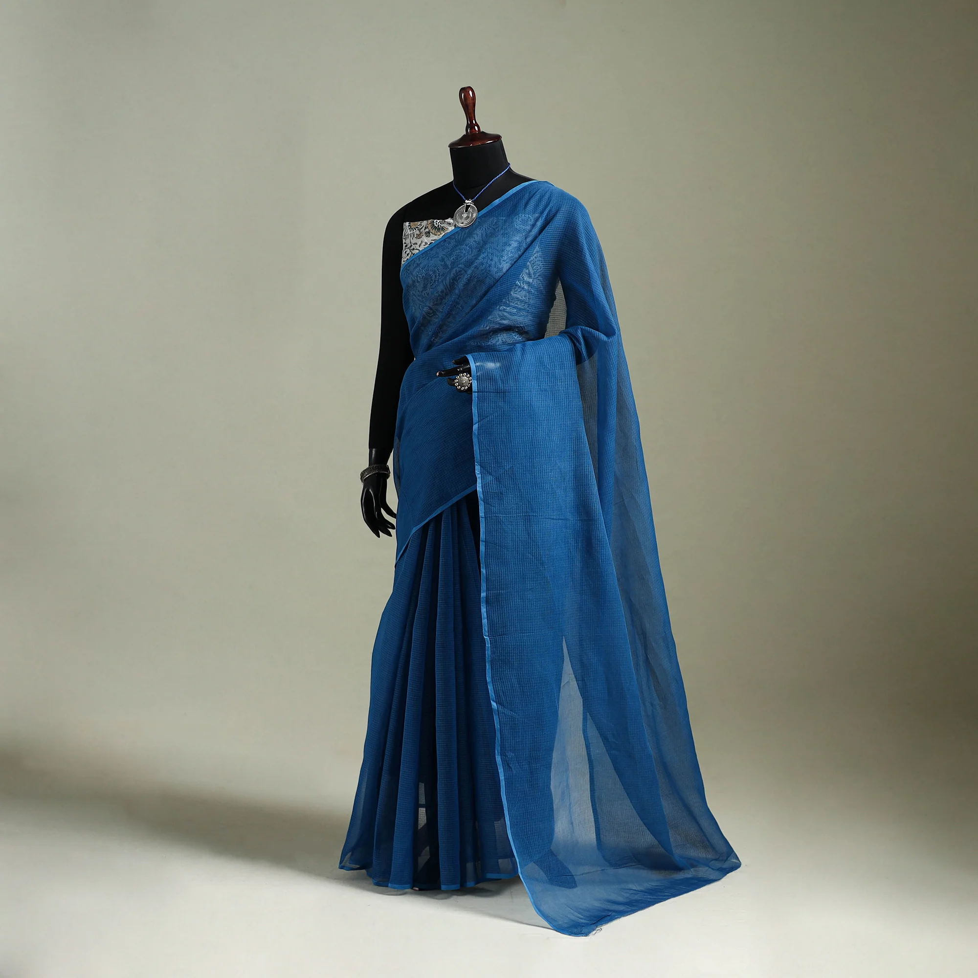 Blue - Nazaakat Kota Doria Cotton Plain Saree with Blouse & Jewellery Set 27