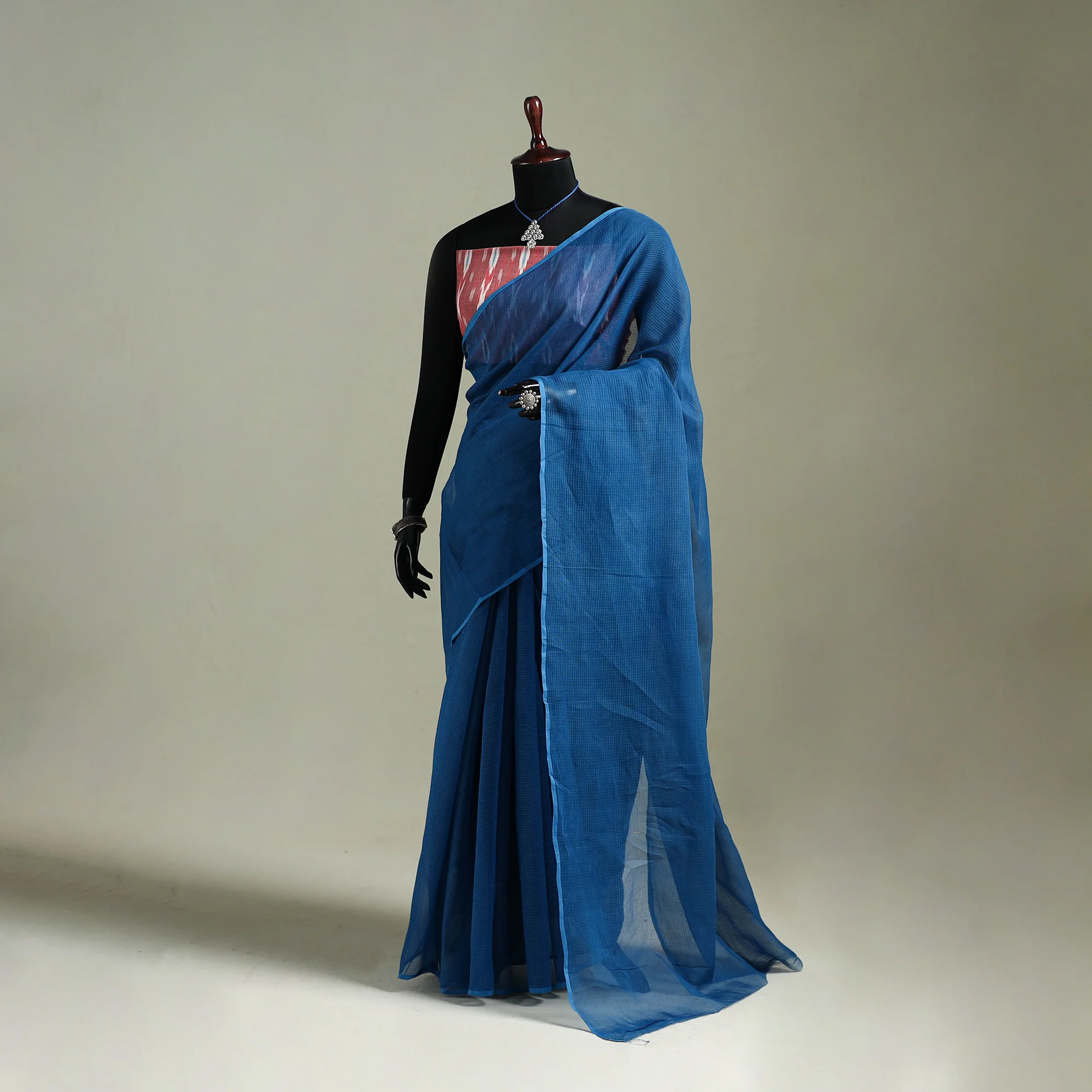 Blue - Nazaakat Kota Doria Cotton Plain Saree with Blouse & Jewellery Set 29