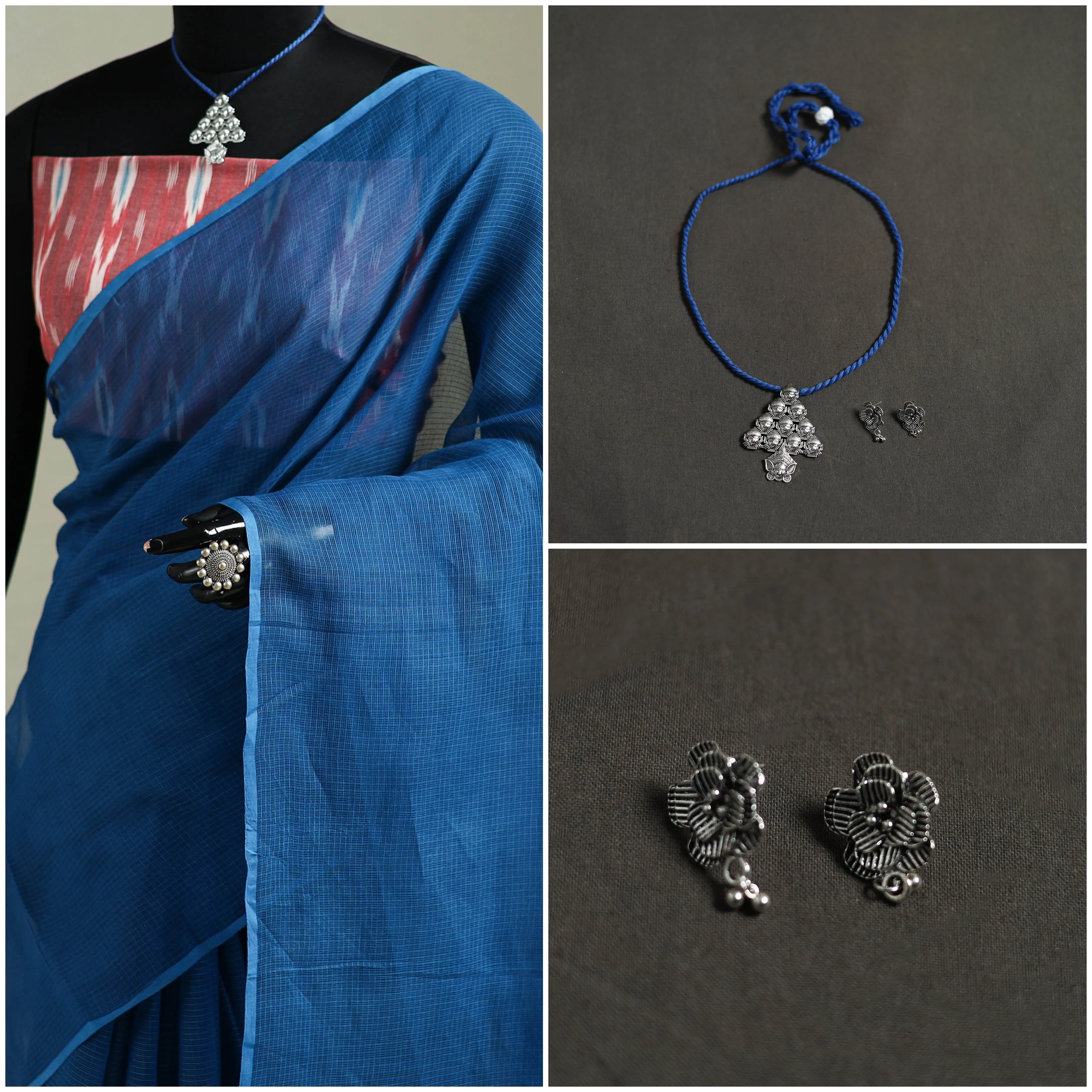 Blue - Nazaakat Kota Doria Cotton Plain Saree with Blouse & Jewellery Set 29 - Image 3