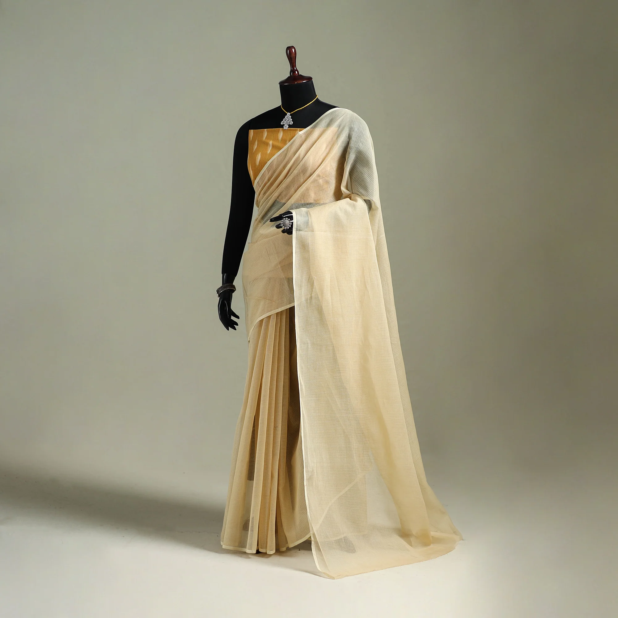 Beige - Nazaakat Kota Doria Cotton Plain Saree with Blouse & Jewellery Set 30