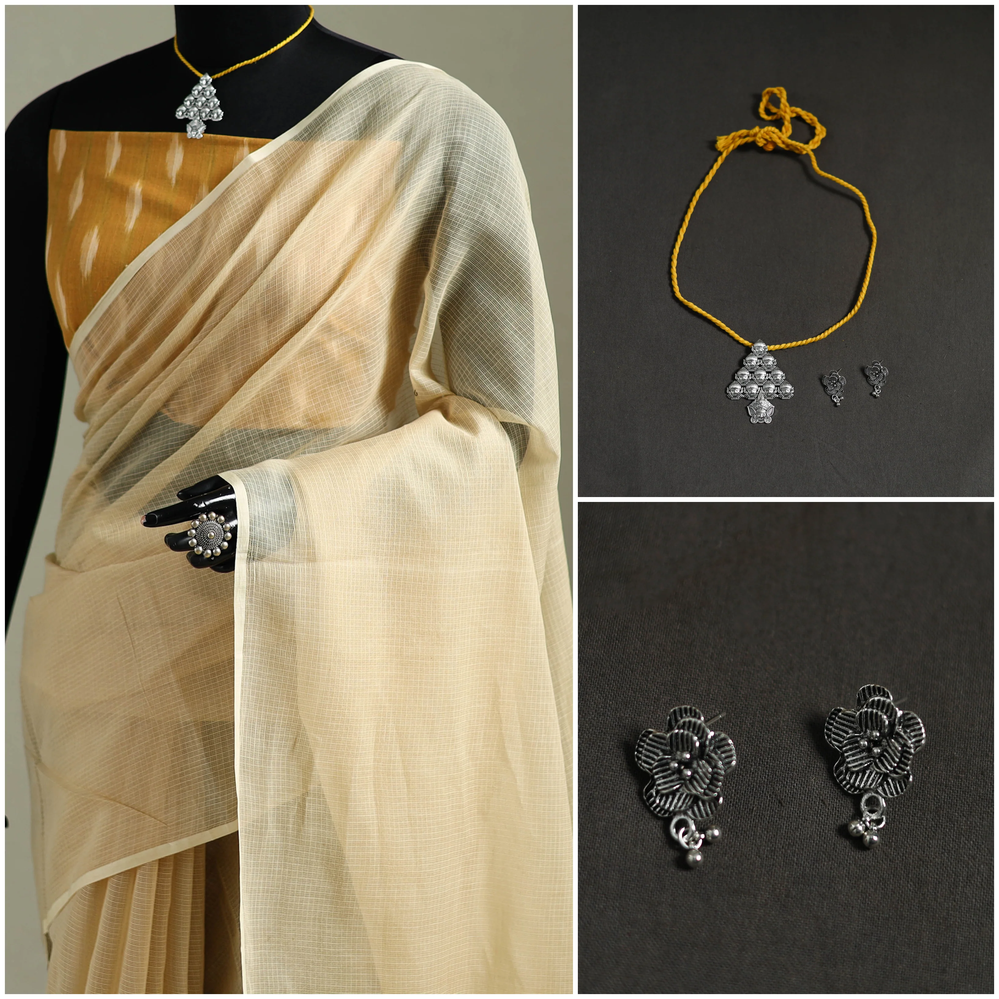 Beige - Nazaakat Kota Doria Cotton Plain Saree with Blouse & Jewellery Set 30 - Image 3