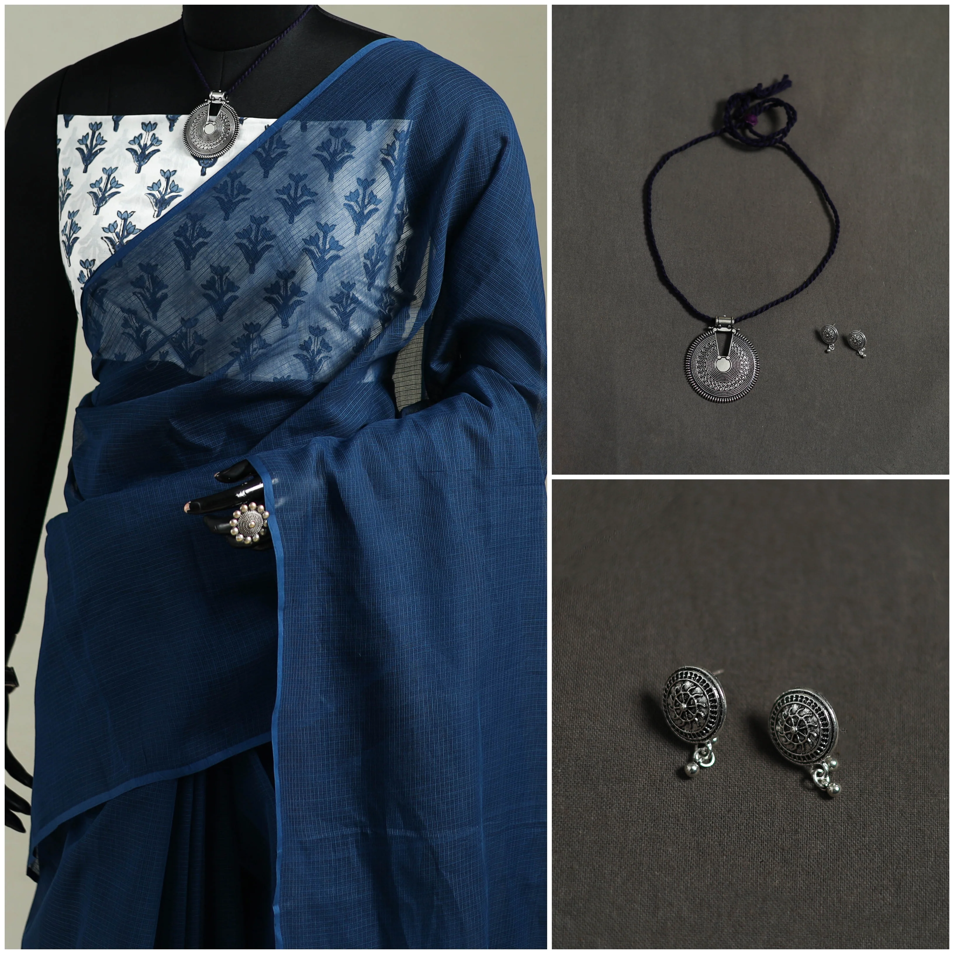 Blue - Nazaakat Kota Doria Cotton Plain Saree with Blouse & Jewellery Set 32 - Image 3