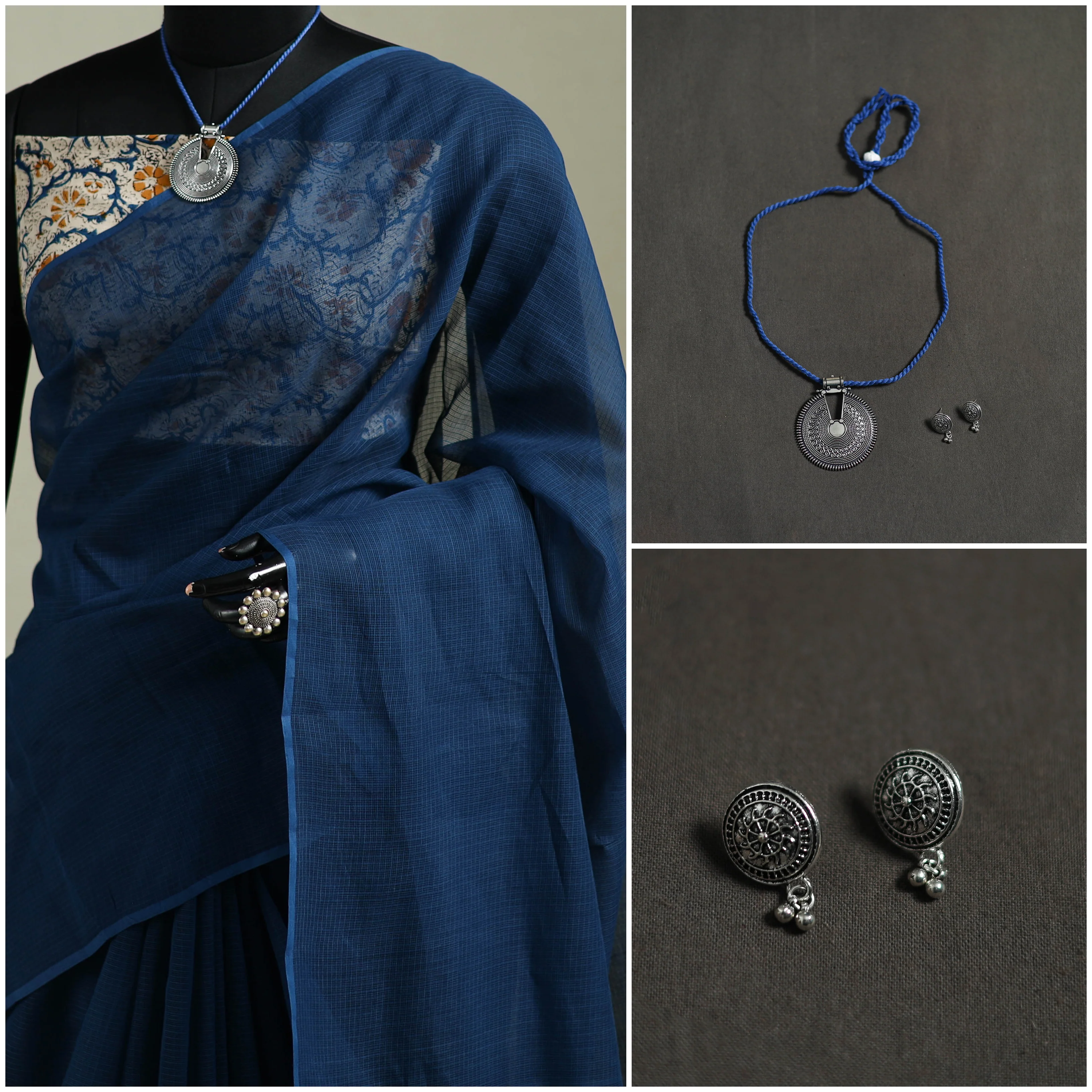 Blue - Nazaakat Kota Doria Cotton Plain Saree with Blouse & Jewellery Set 33 - Image 3