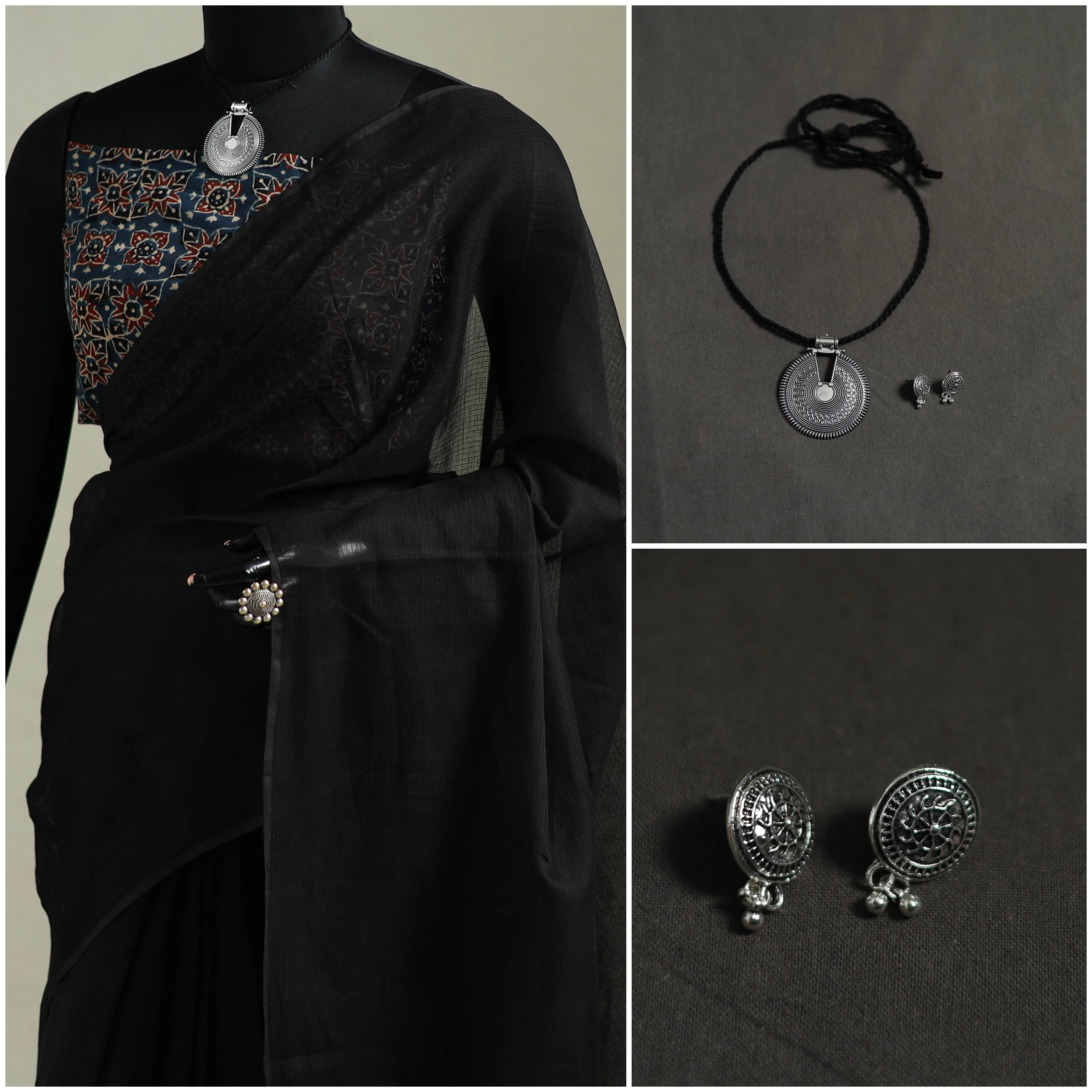 Black - Nazaakat Kota Doria Cotton Plain Saree with Blouse & Jewellery Set 36 - Image 3