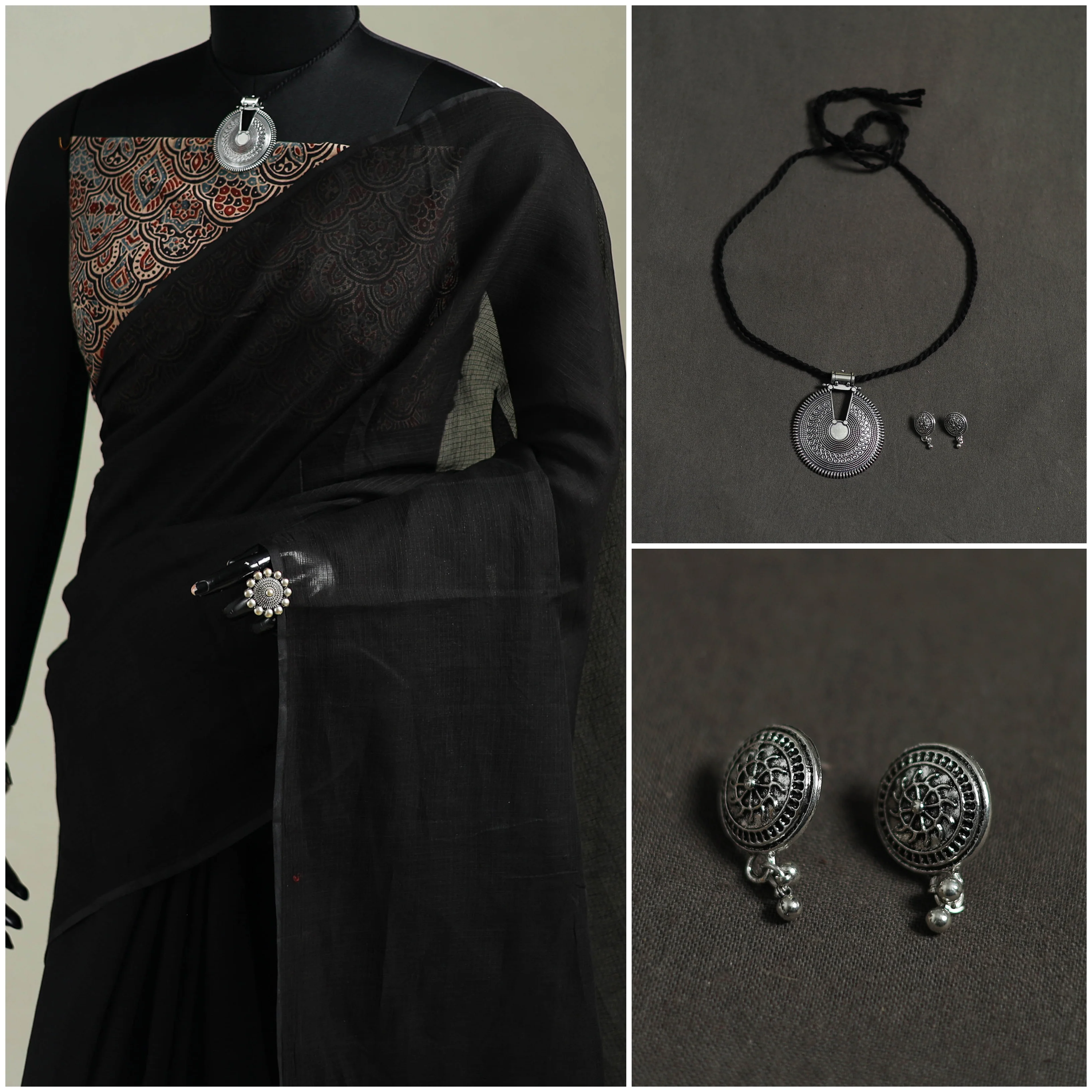 Black - Nazaakat Kota Doria Cotton Plain Saree with Blouse & Jewellery Set 37 - Image 3