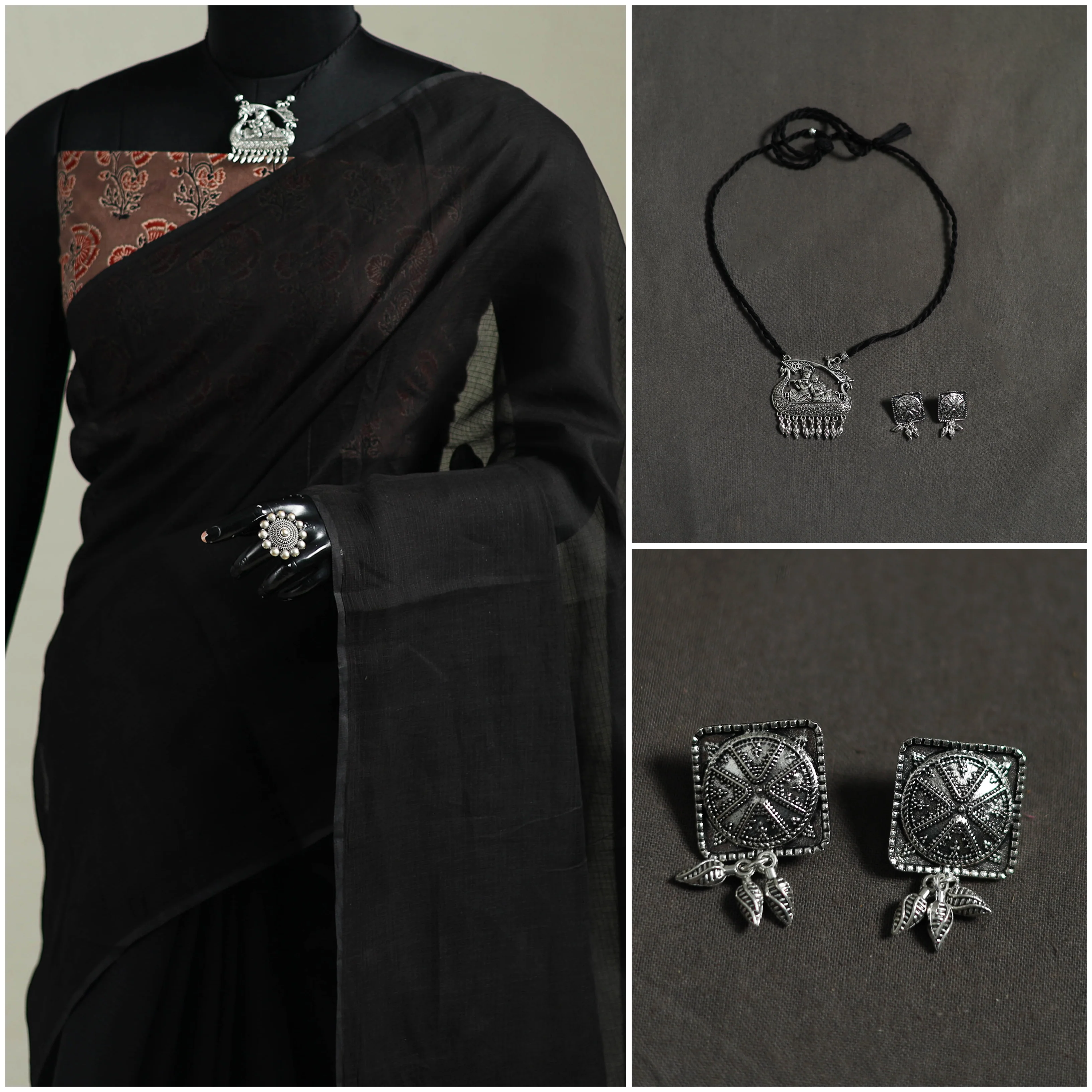 Black - Nazaakat Kota Doria Cotton Plain Saree with Blouse & Jewellery Set 38 - Image 3