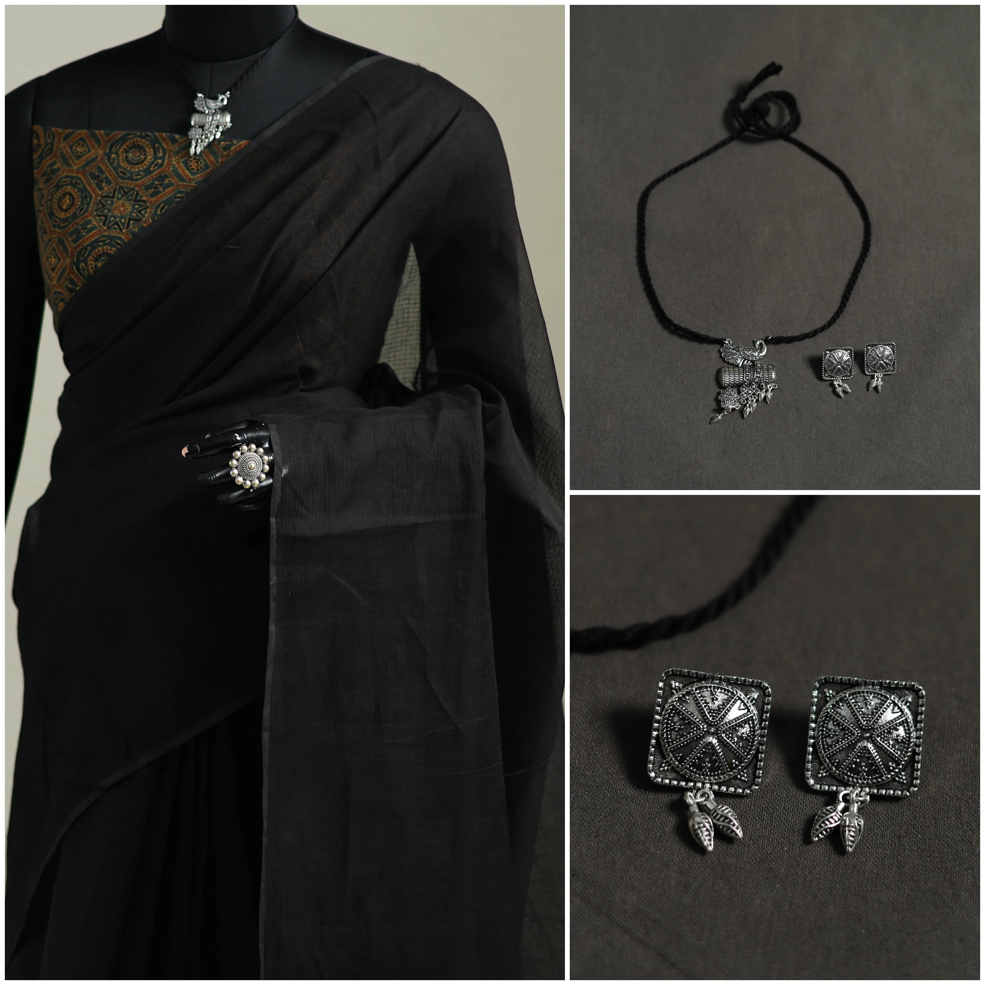Black - Nazaakat Kota Doria Cotton Plain Saree with Blouse & Jewellery Set 41 - Image 3